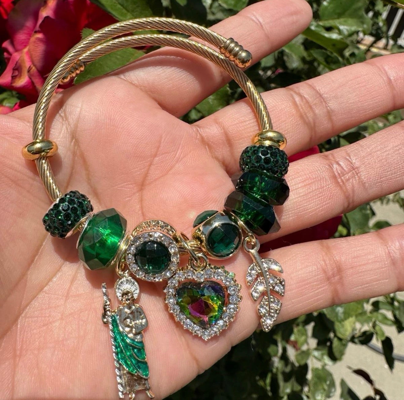 Protection Bracelet with St Jude or Virgin Mary Charm Bracelet - Gold Tone with Colorful Beads and Charms