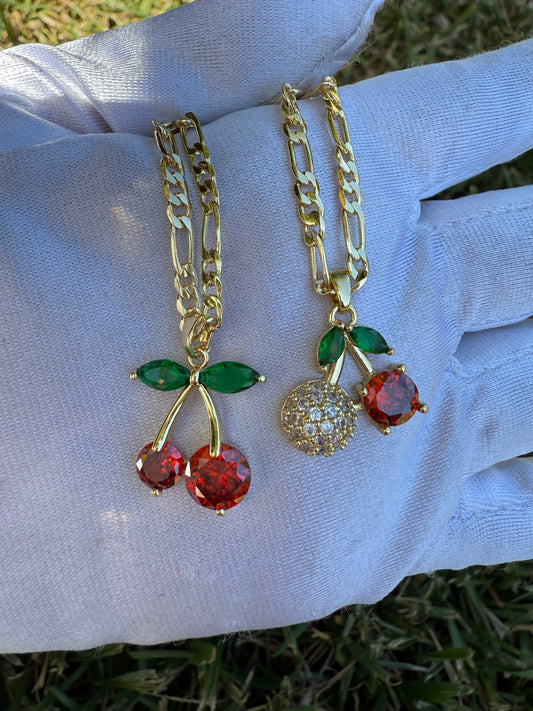 Cherry Necklace with Chain Light Orange Color - Gold-Tone Design Featuring Cherry Charms and Chain Accents