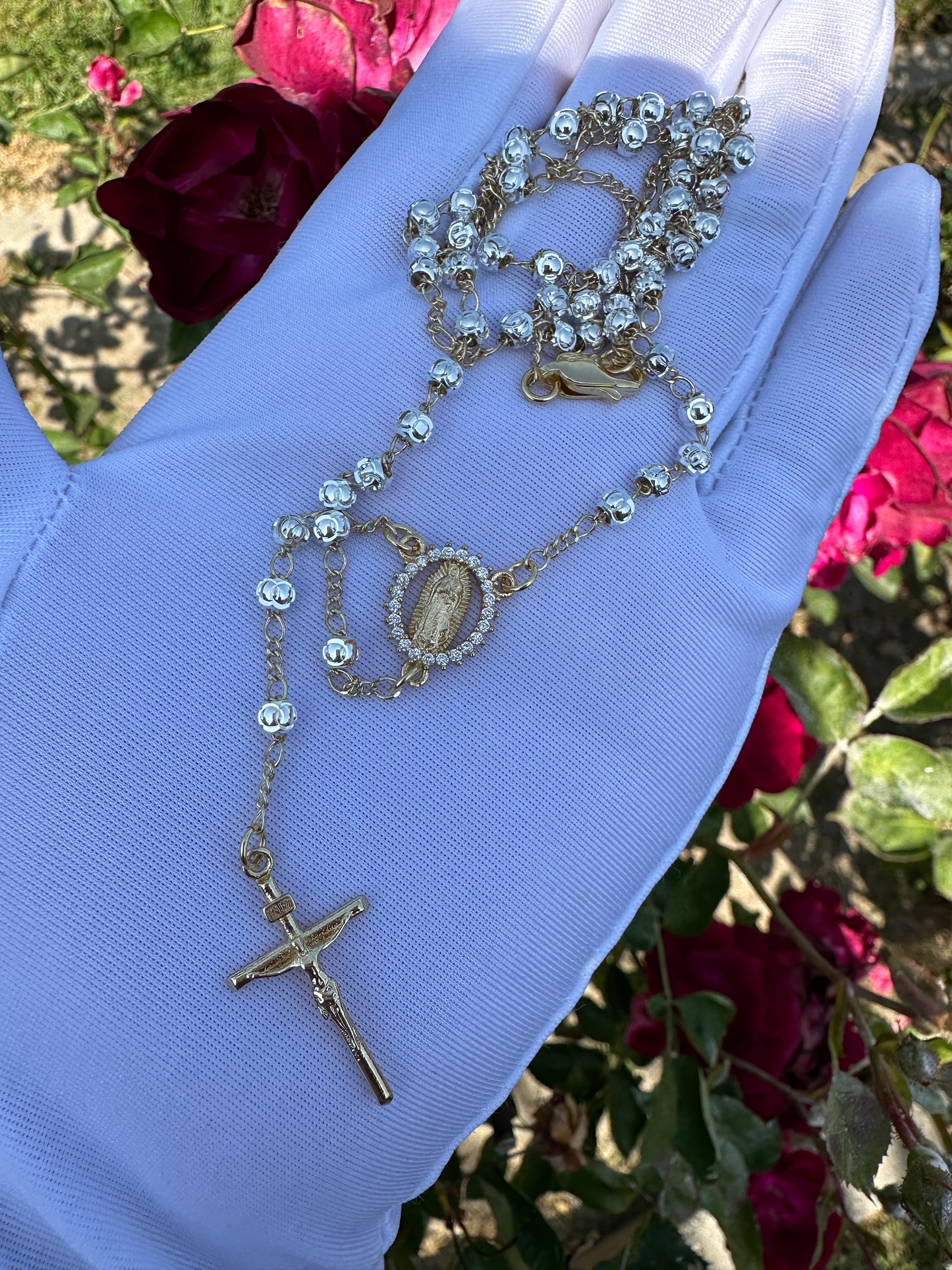 White Gold Dipped Rosary Necklace with Virgin and Cross .