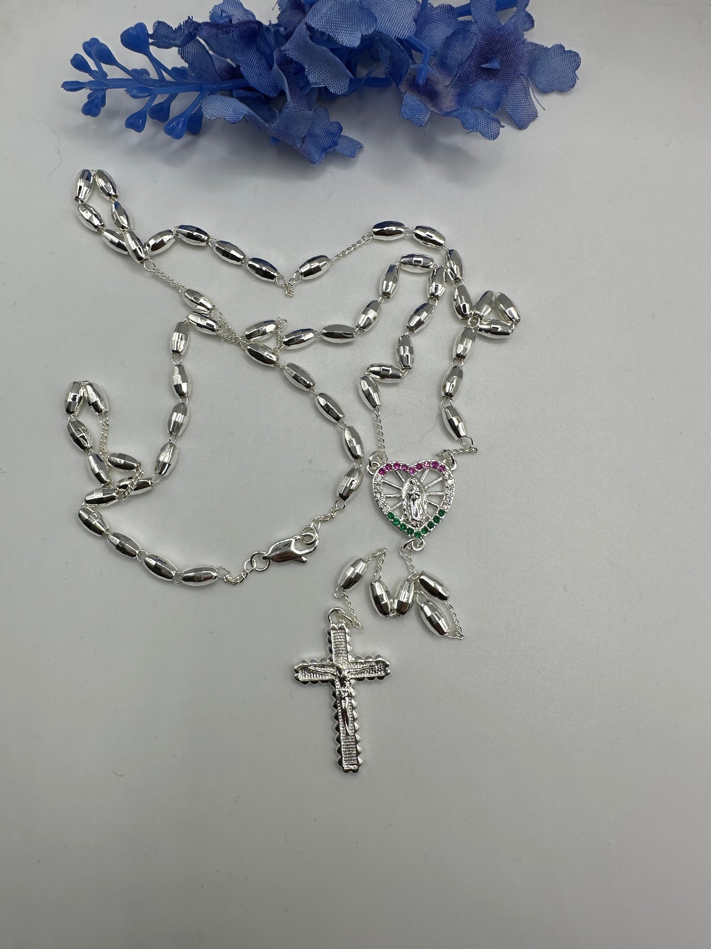 “Mine” Silver Plated Rosary with Colored Heart Virgin and Cross