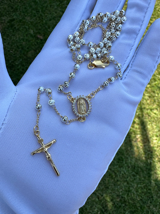 White Gold Dipped Rosary Necklace with Virgin and Cross .