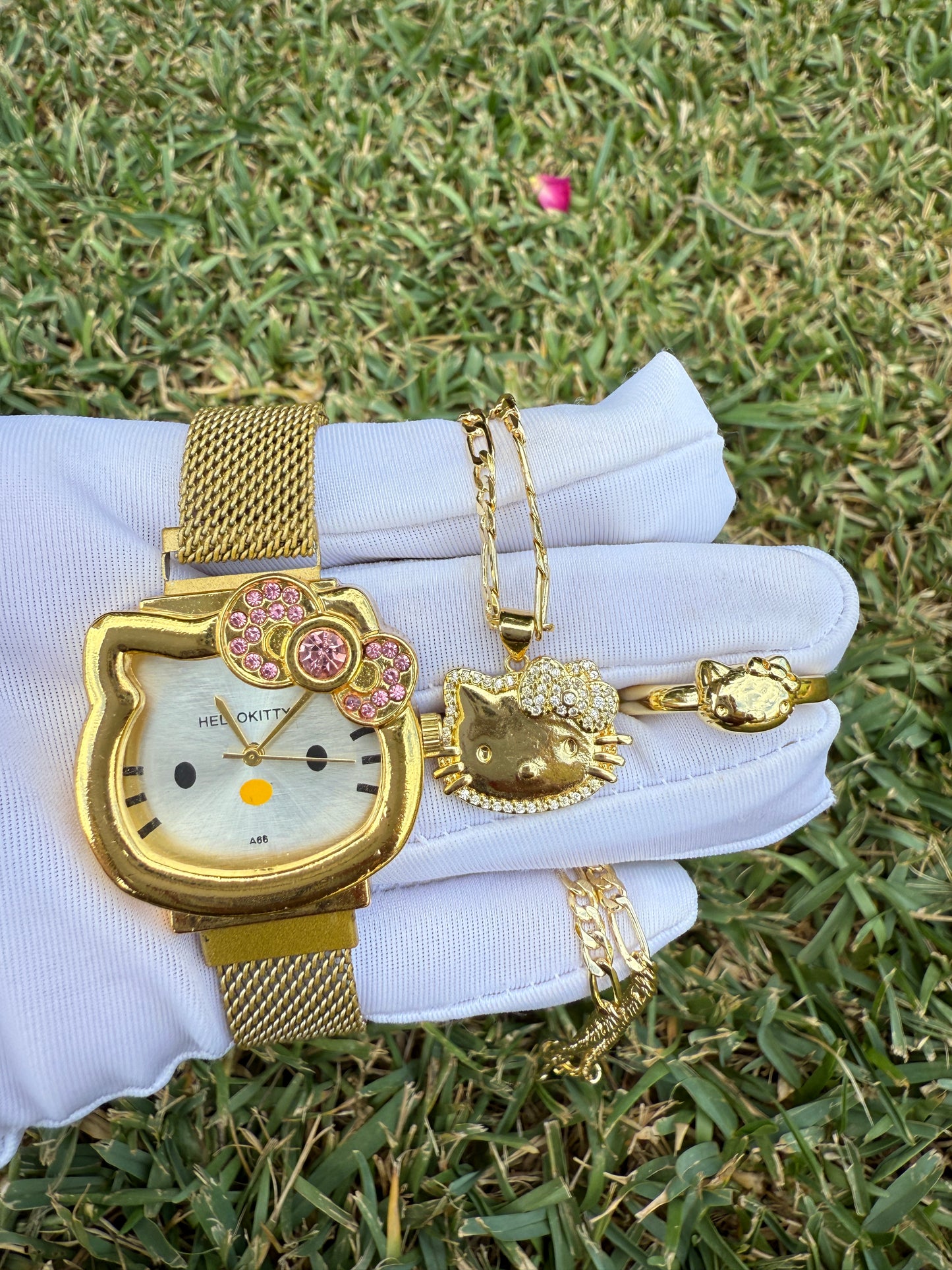 Gold Plated Kitty Set with Watch, Necklace and Ring