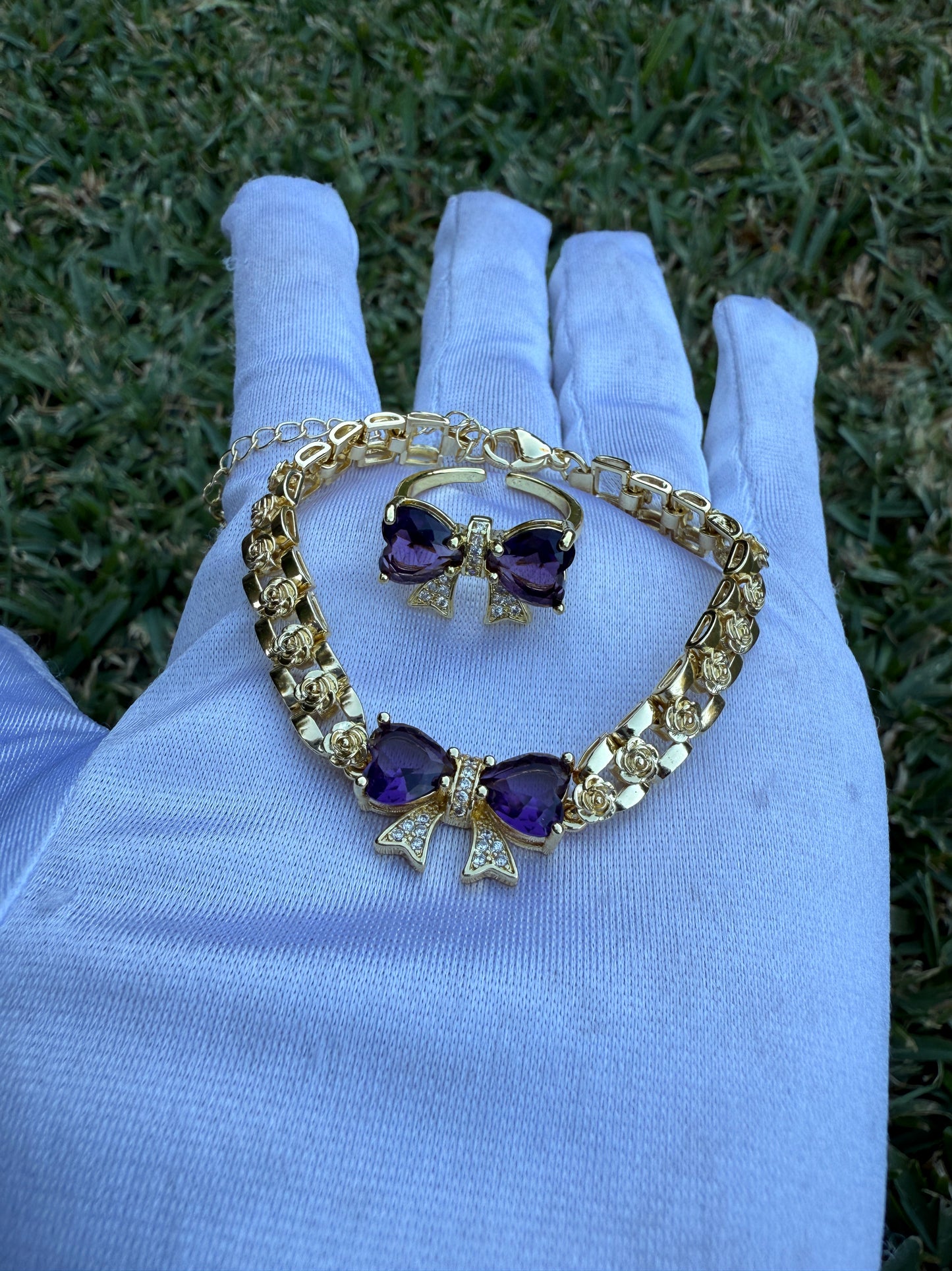 Bow Bracelet & Ring Combo Set- 6-8” bracelet with Gemstone Accents - Simple & Versatile Design