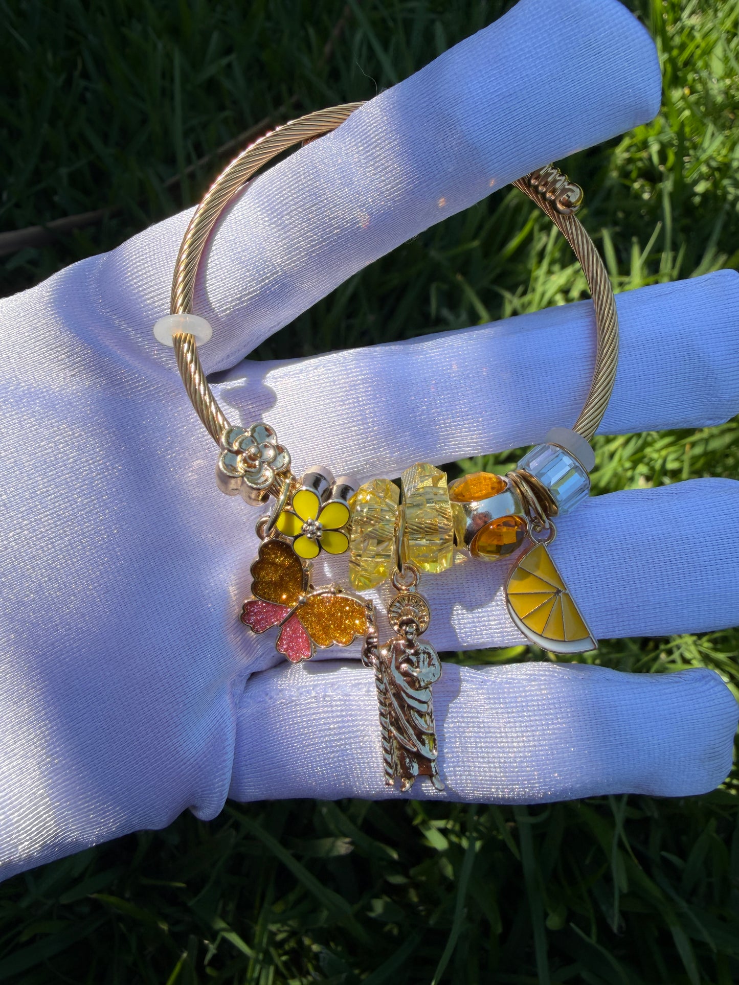 Protection Bracelet with St Jude or Virgin Mary Charm Bracelet - Gold Tone with Colorful Beads and Charms