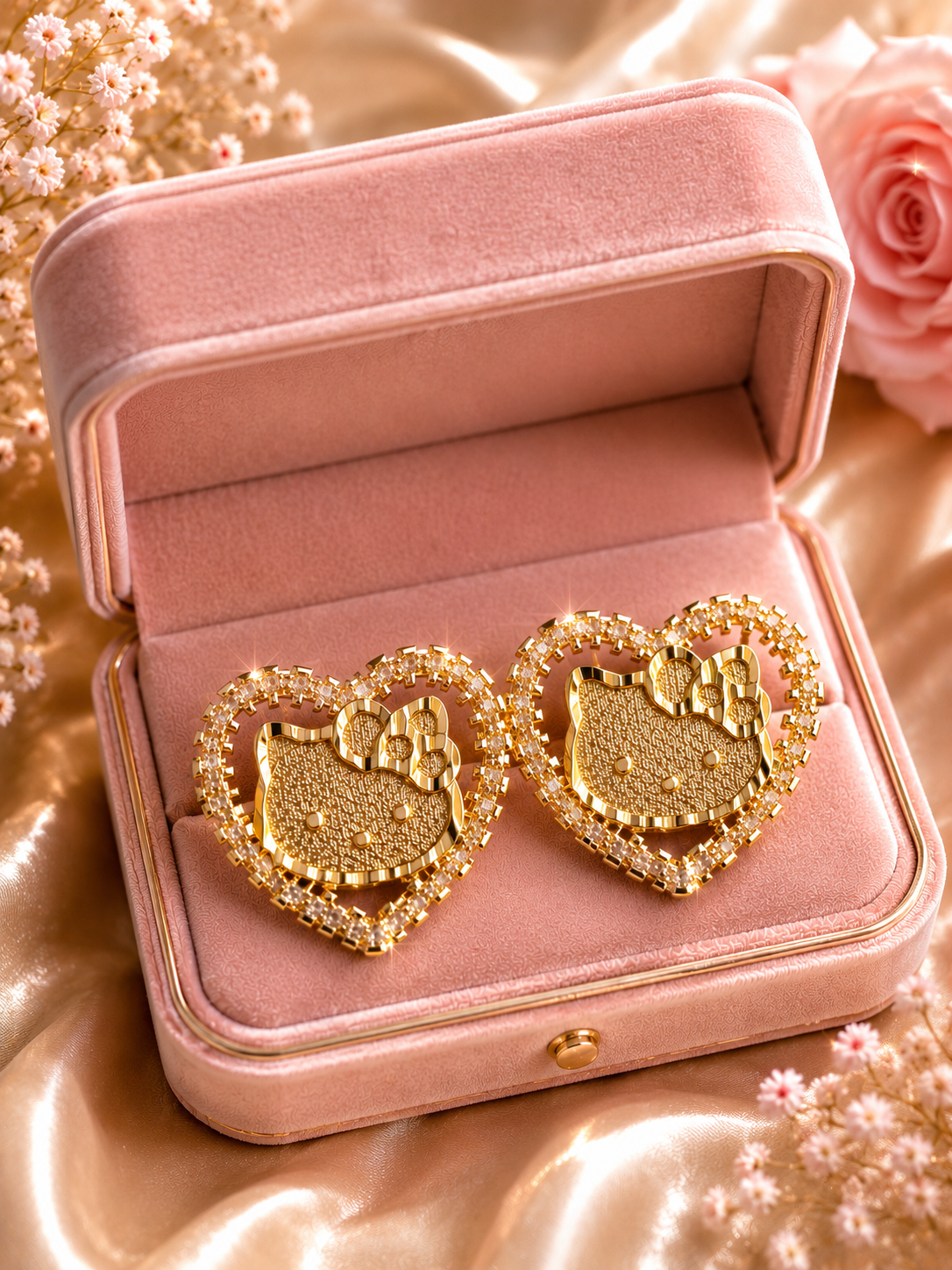 Heart Cat Earrings Kitty Gold Plated
