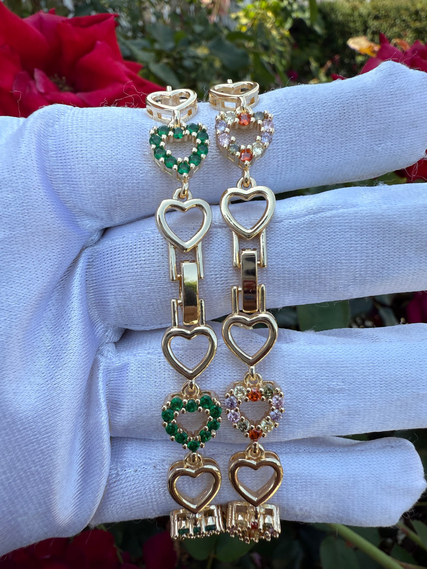 Elegant Color Heart Bracelets for Her - Green and Clear Heart Pendants with Gold Accents