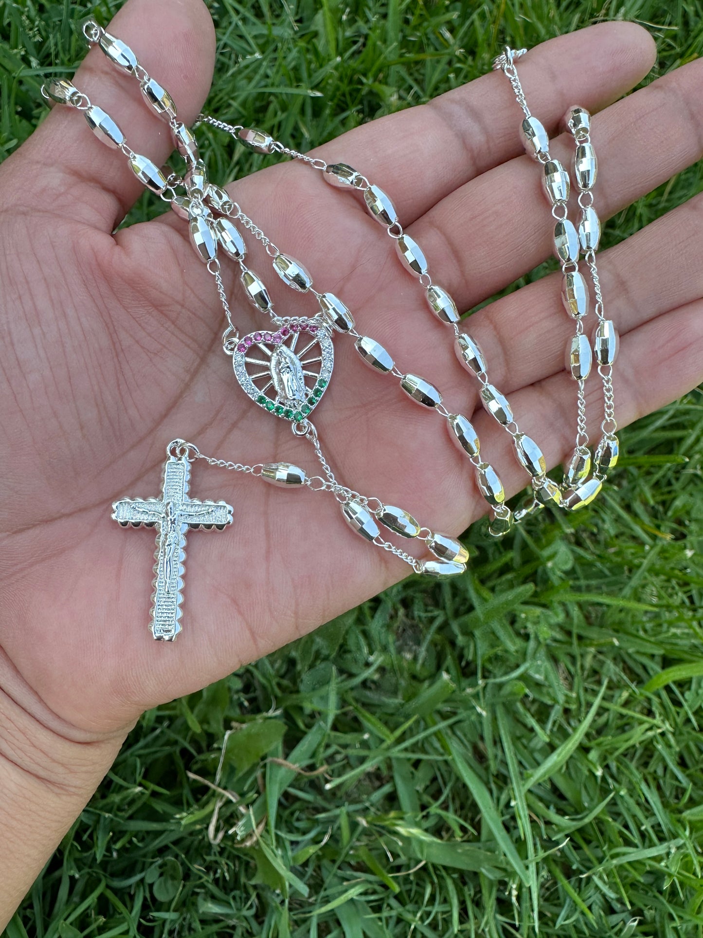 “Mine” Silver Plated Rosary with Colored Heart Virgin and Cross