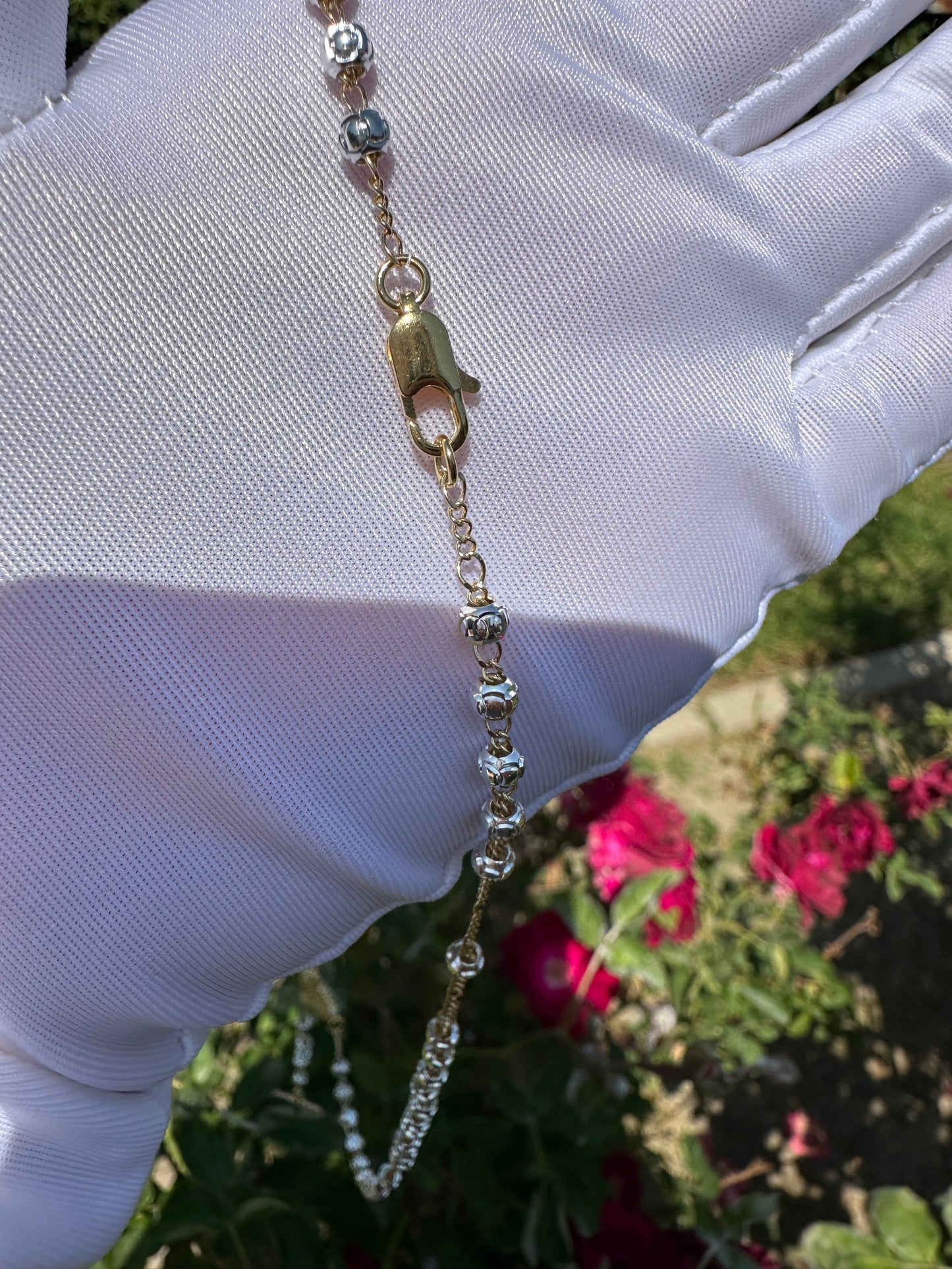 White Gold Dipped Rosary Necklace with Virgin and Cross .