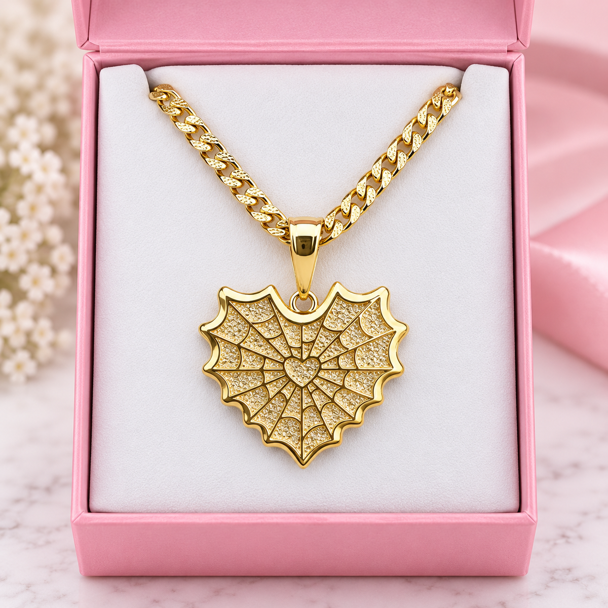 Heart Spider Necklace with Cuban Chain