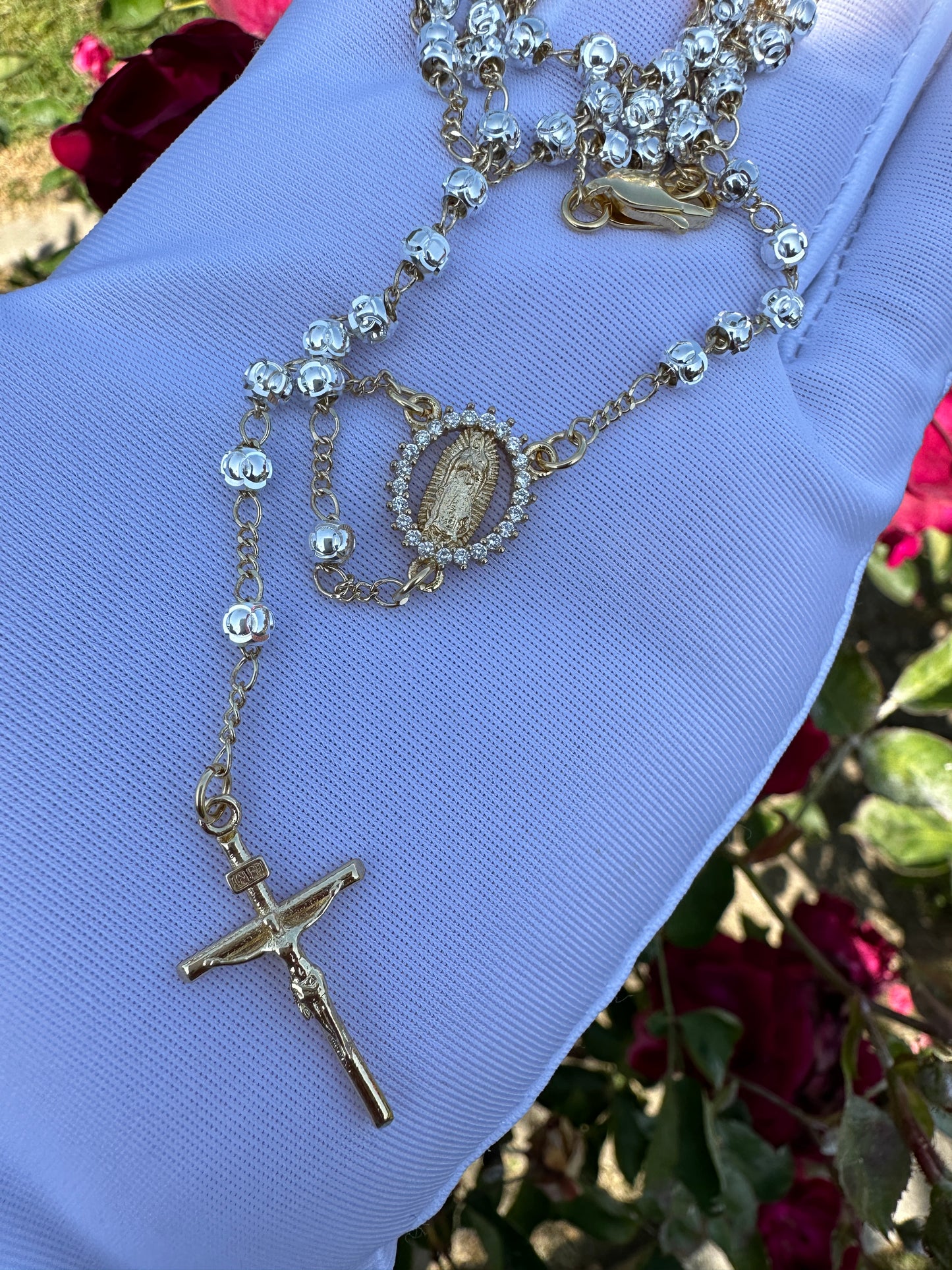 White Gold Dipped Rosary Necklace with Virgin and Cross .