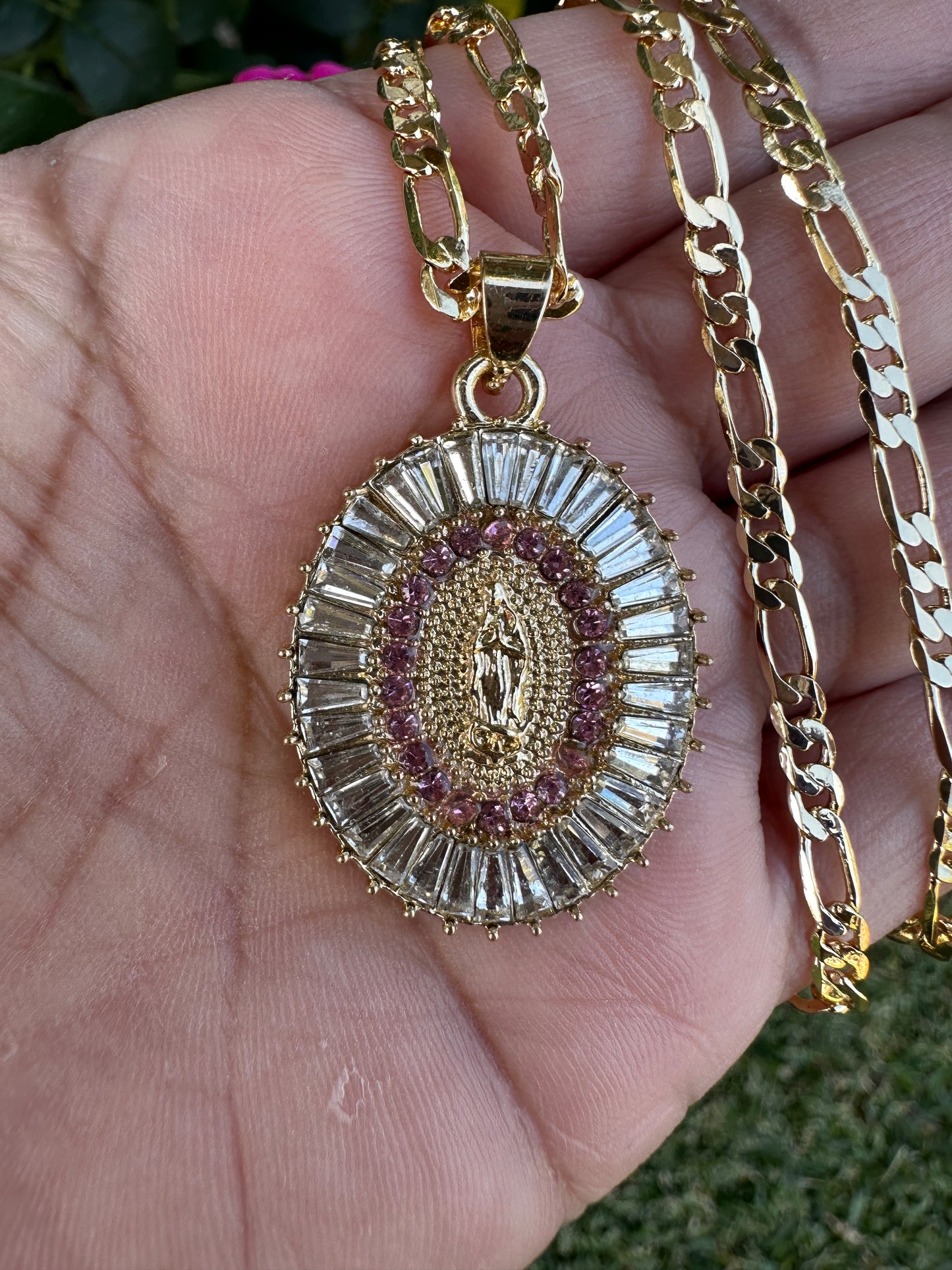 “Pink” Virgen Necklace (Virgin Mary) Gold Plated