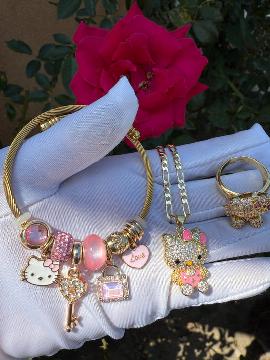 Pink Cat Necklace,Bracelet, Ring Set -Kitty Pedant with Chain Set