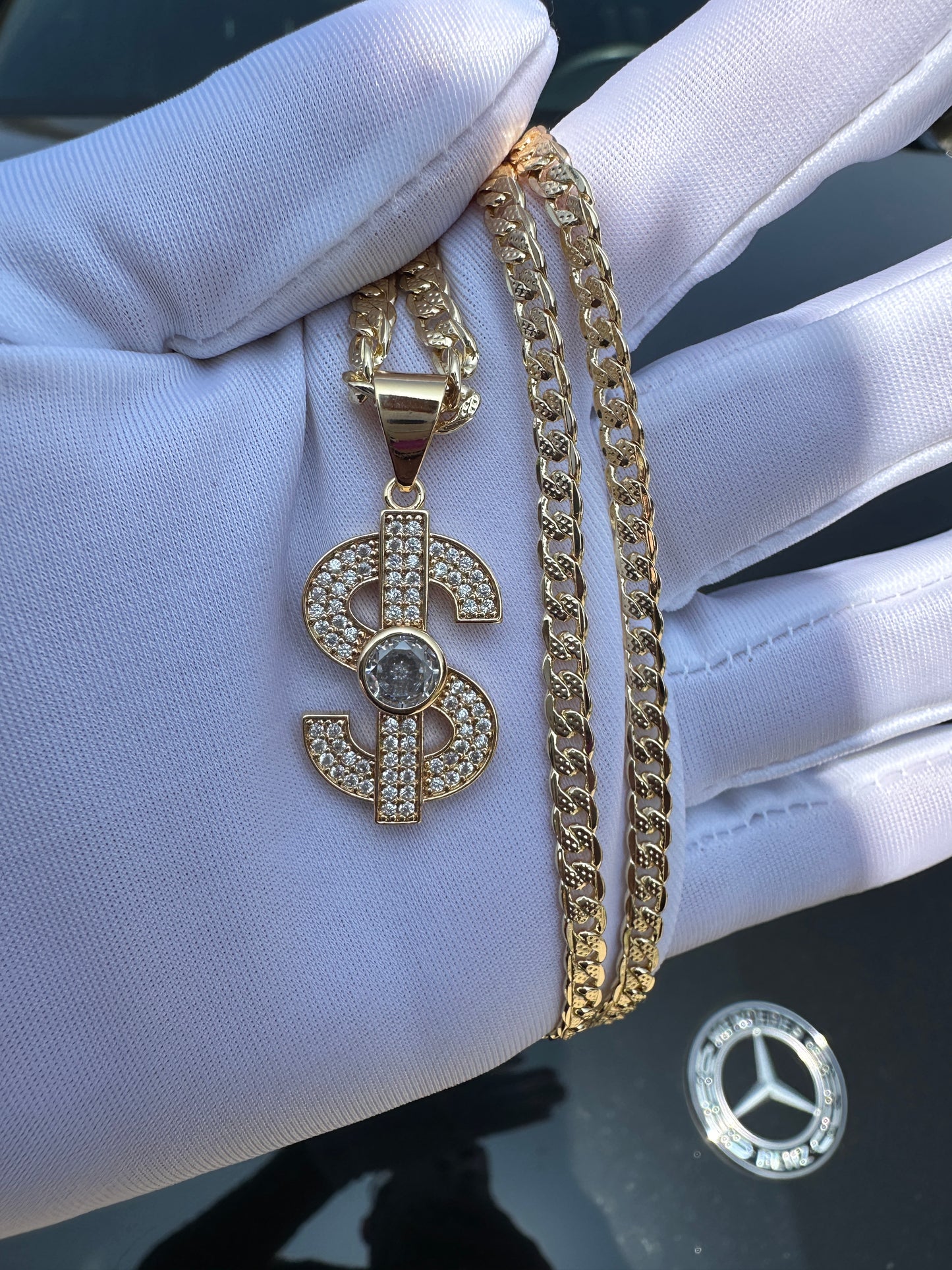 Bling Money Symbol Necklace for him or her in Cuban chain