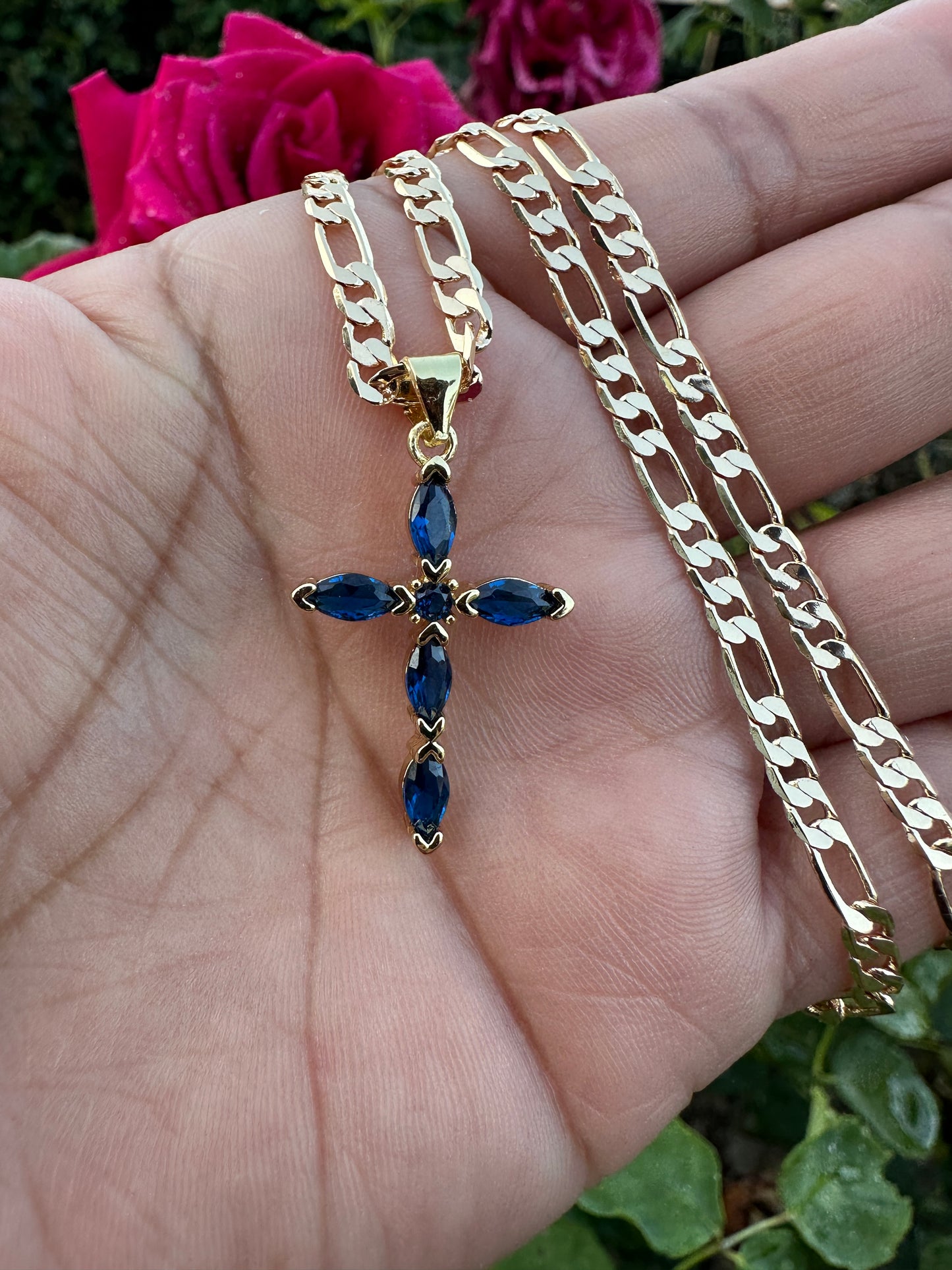 “Diamond Blue" Cross Necklace with Stones