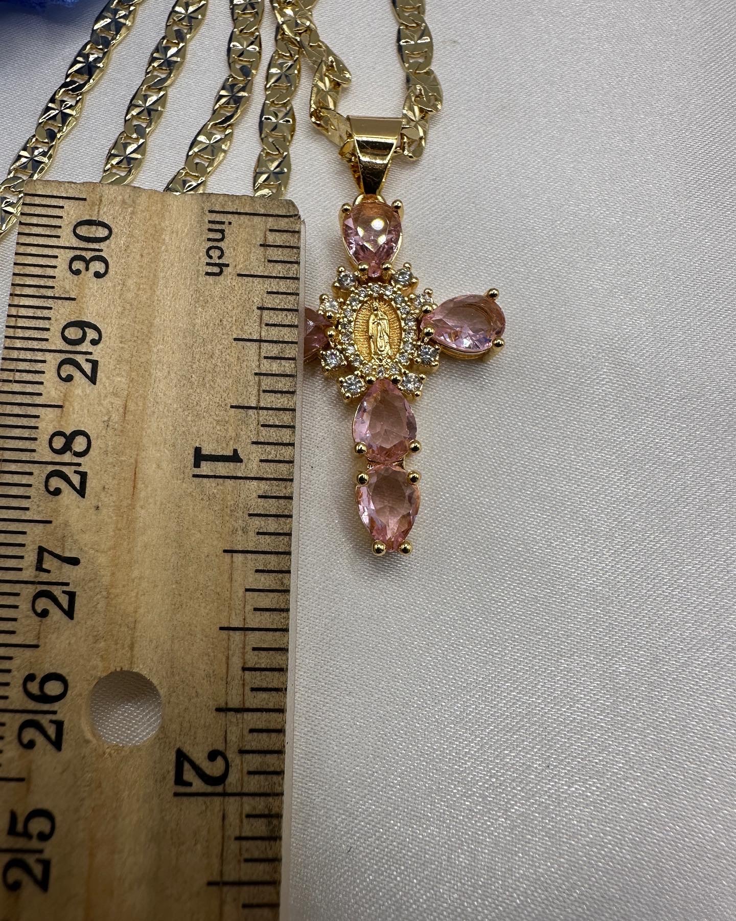 “Bright” Pink Cross & Virgin Necklace Gold Plated