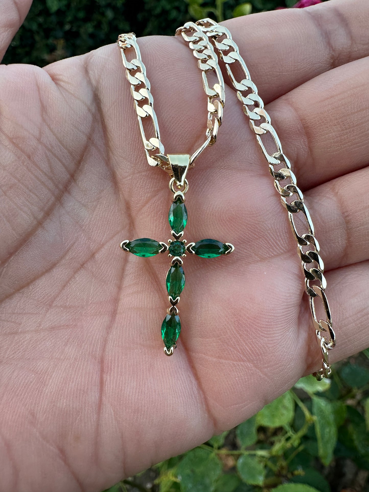 “Diamond Green” Cross Necklace with Stones