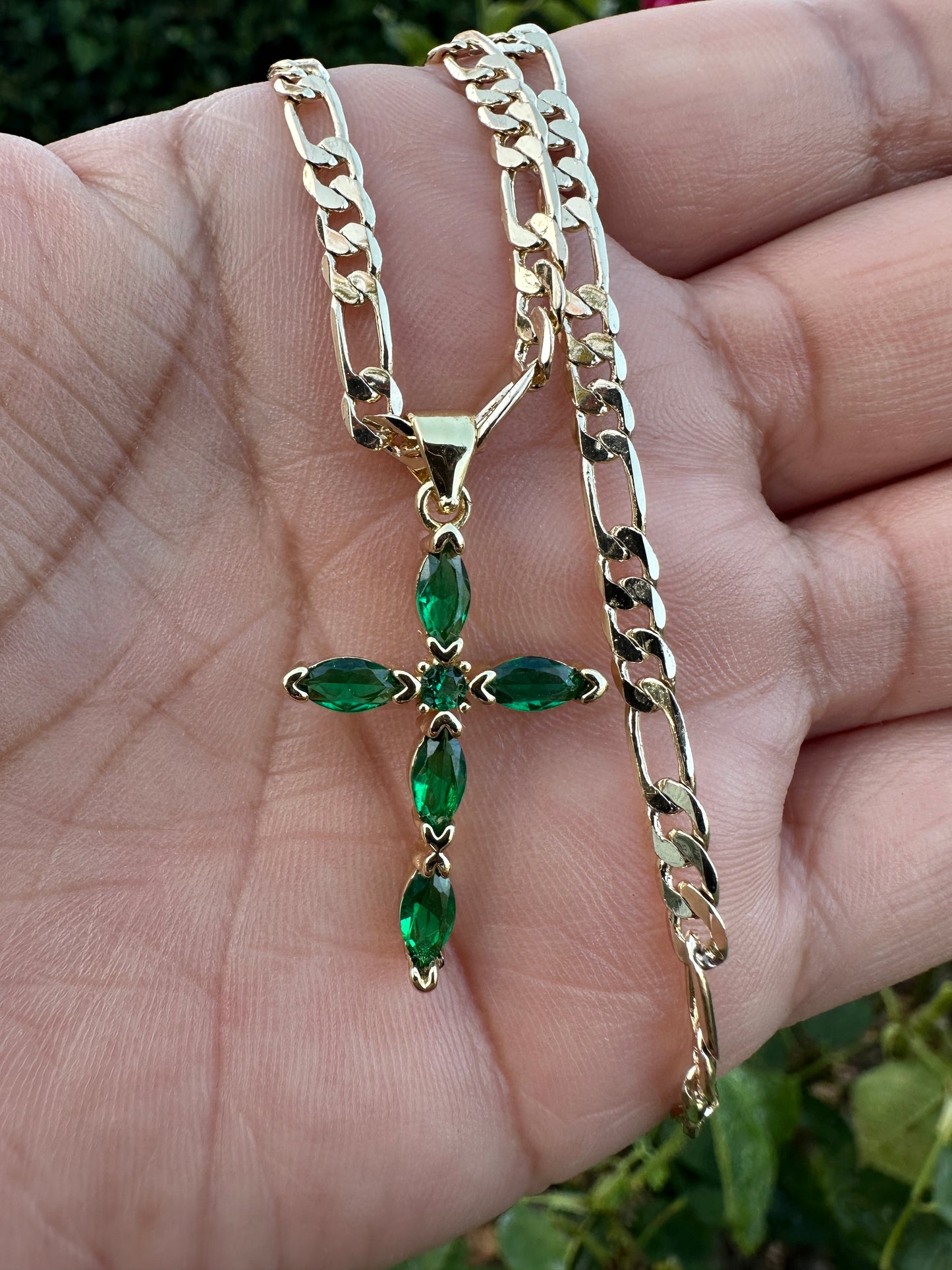 “Diamond Green” Cross Necklace with Stones