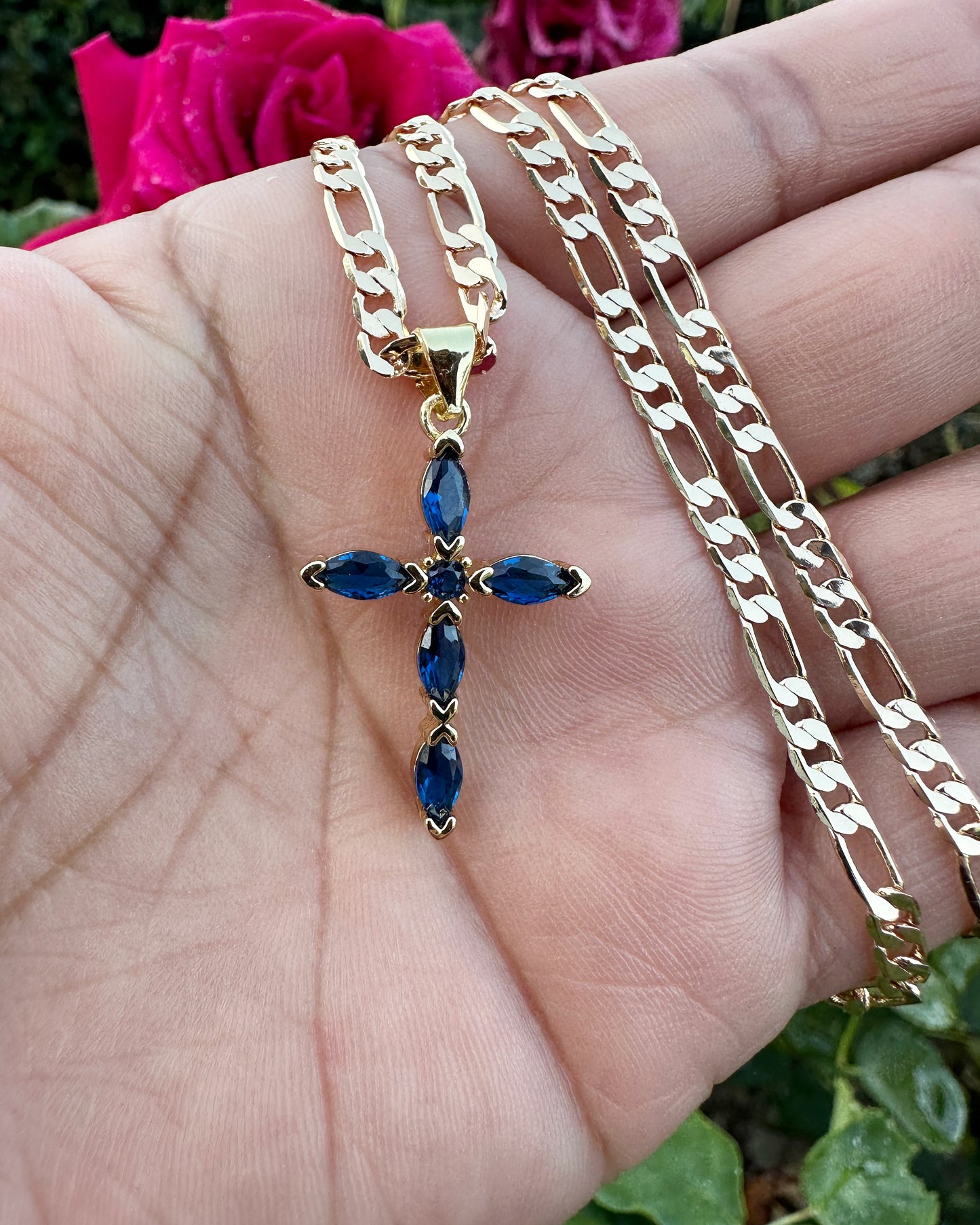 “Diamond Blue" Cross Necklace with Stones