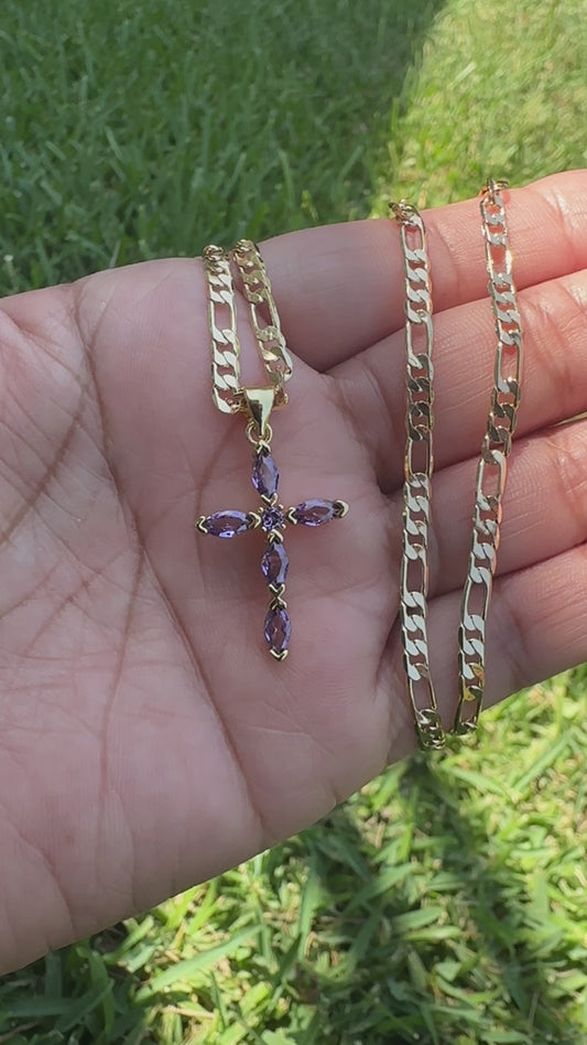 “Diamond Purple” Cross Necklace Gold Plated