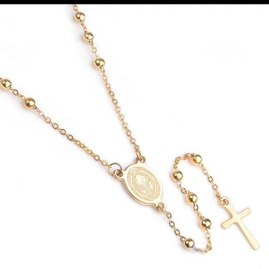St Benedict Gold Plated Stainless Steel Religious Rosary Necklace