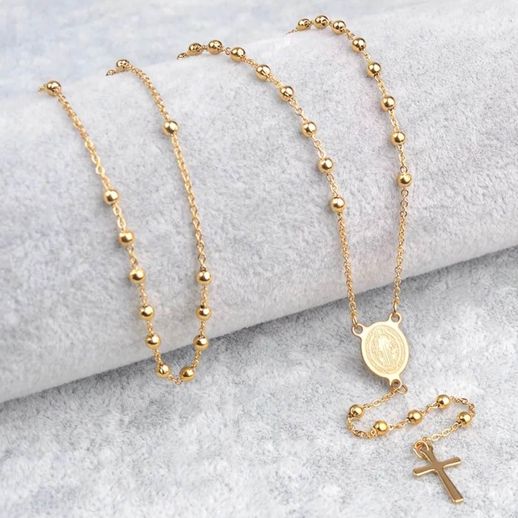 St Benedict Gold Plated Stainless Steel Religious Rosary Necklace