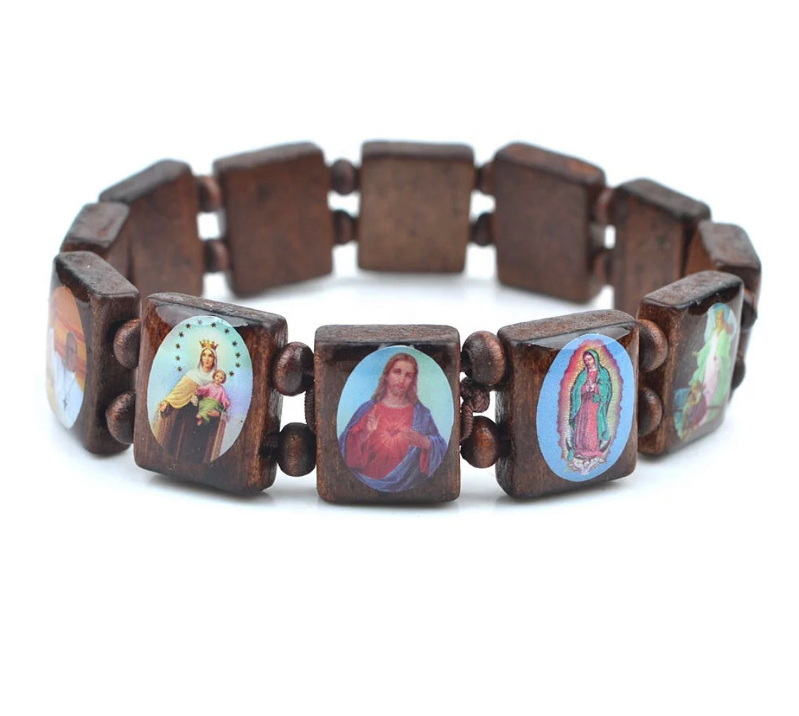 SAINT BEAD BRACELET Brown Wood Religious Icon Catholic Stretch Elastic Pack 2