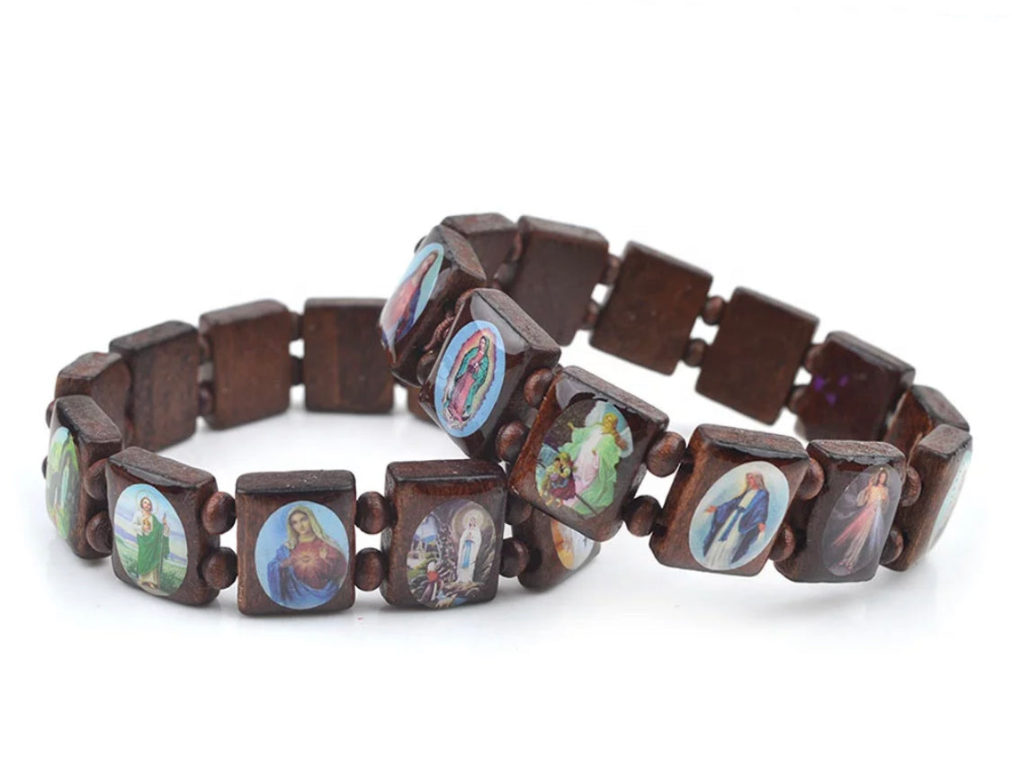 SAINT BEAD BRACELET Brown Wood Religious Icon Catholic Stretch Elastic Pack 2