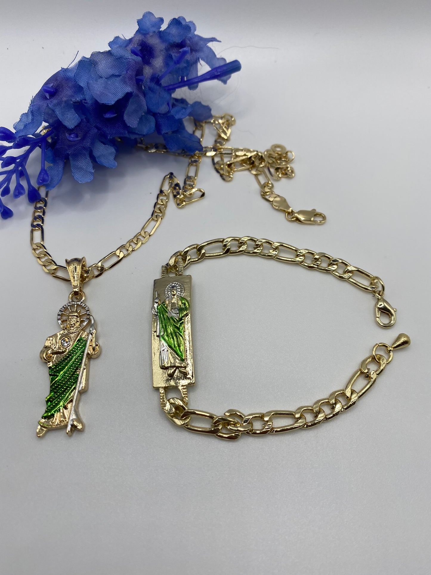 San Judas (Green) Necklace & Bracelet Set Gold Plated