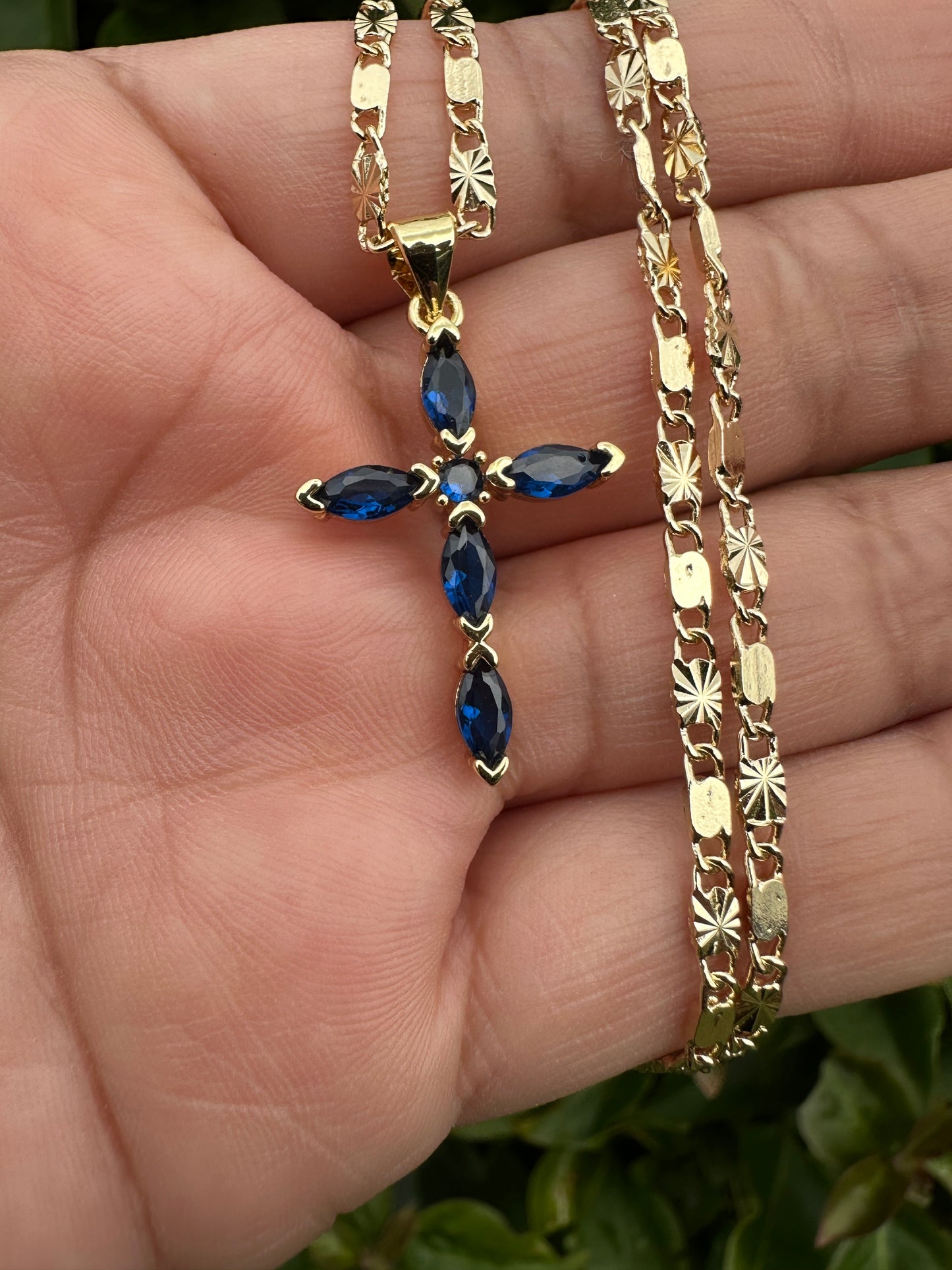 “Diamond Blue" Cross Necklace with Stones