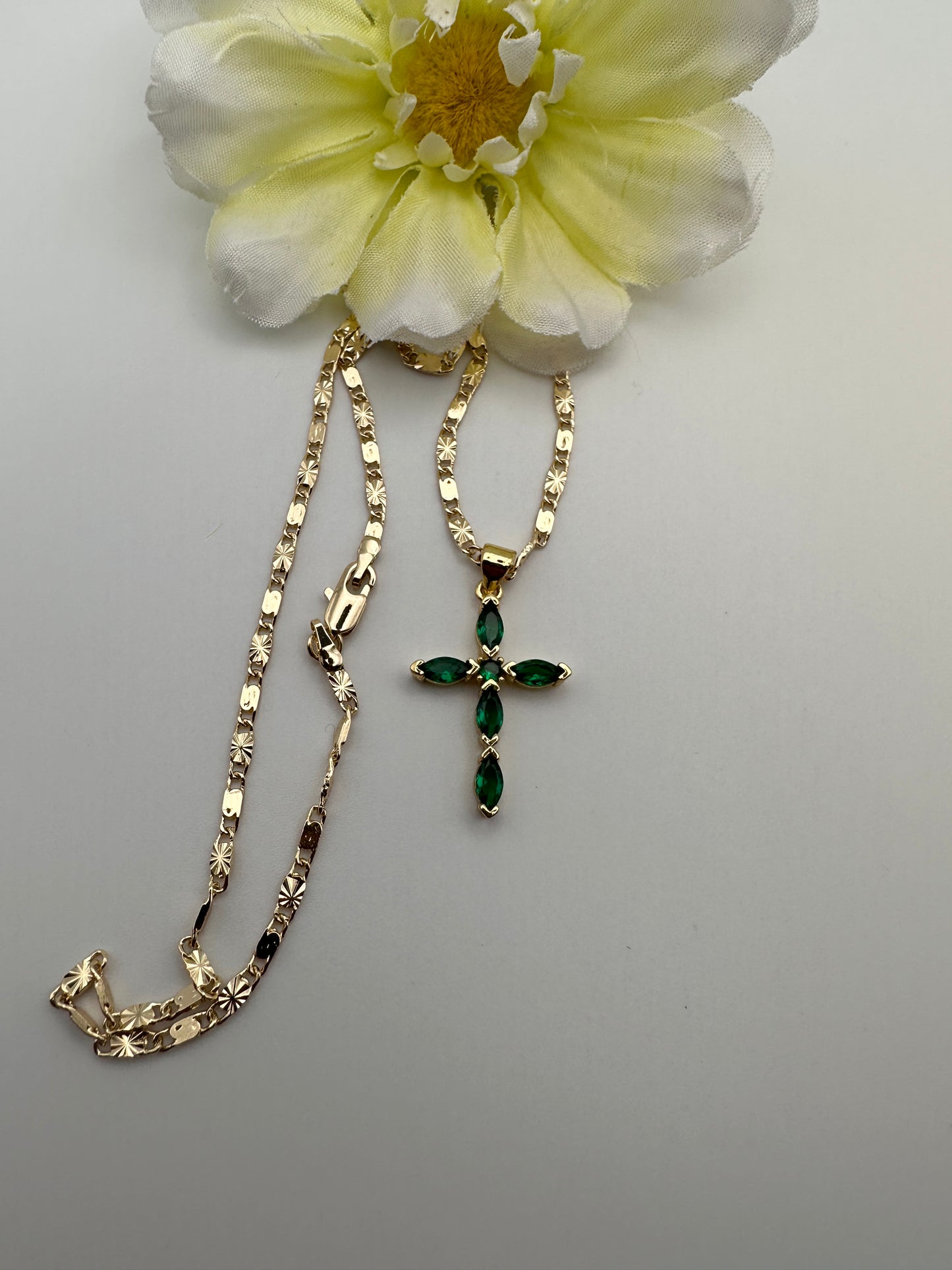 “Diamond Green” Cross Necklace with Stones