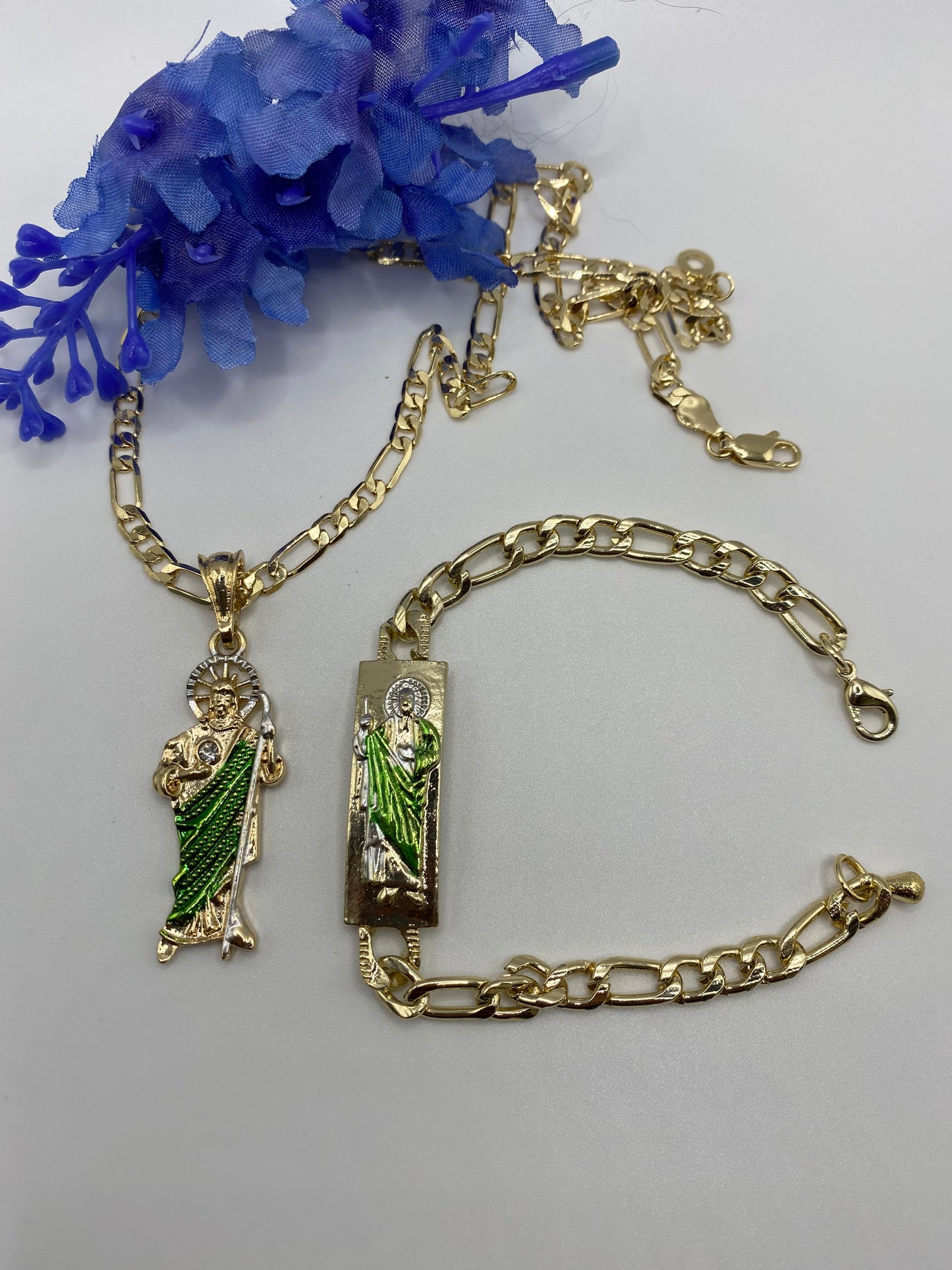 San Judas (Green) Necklace & Bracelet Set Gold Plated