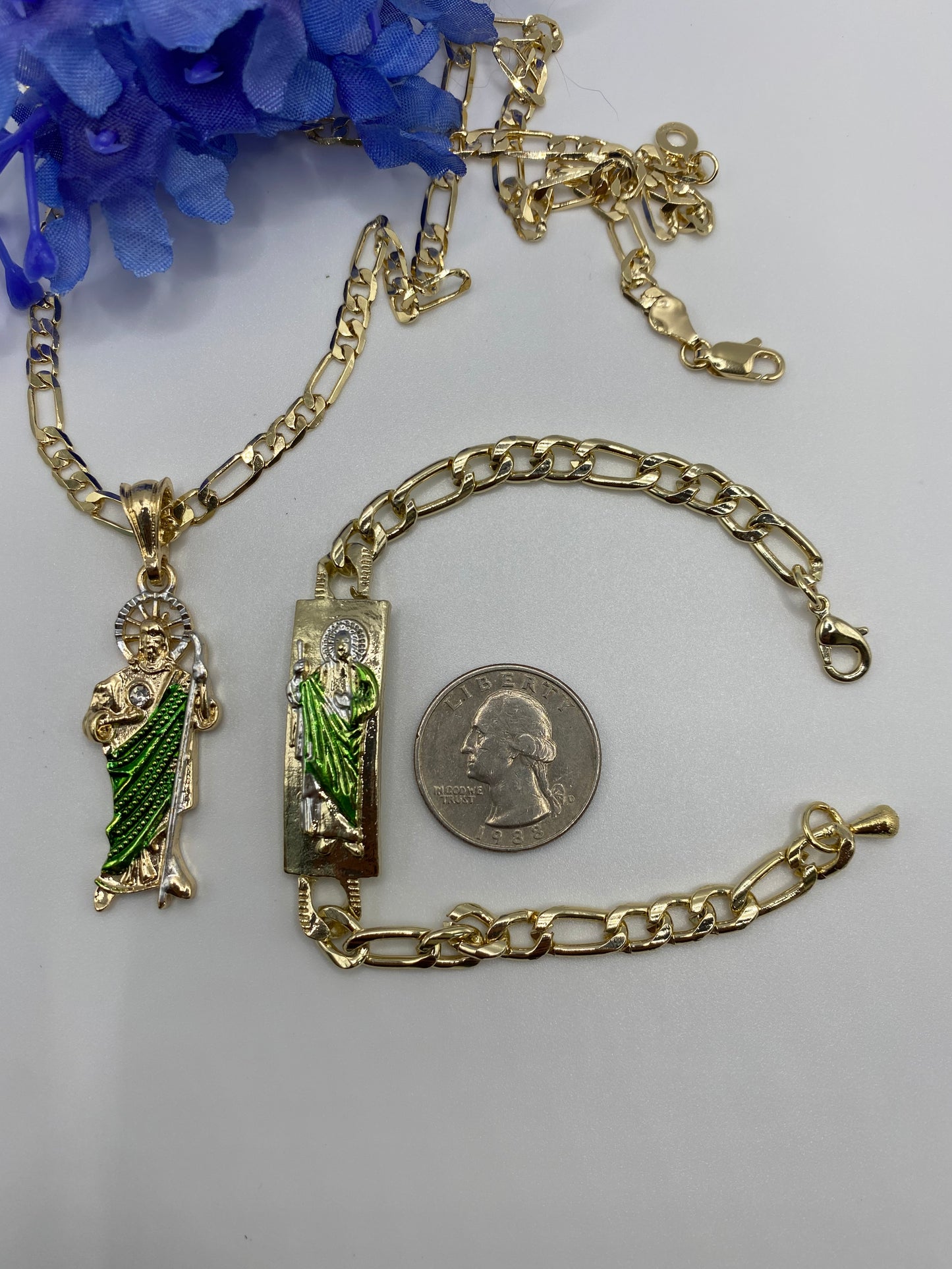 San Judas (Green) Necklace & Bracelet Set Gold Plated