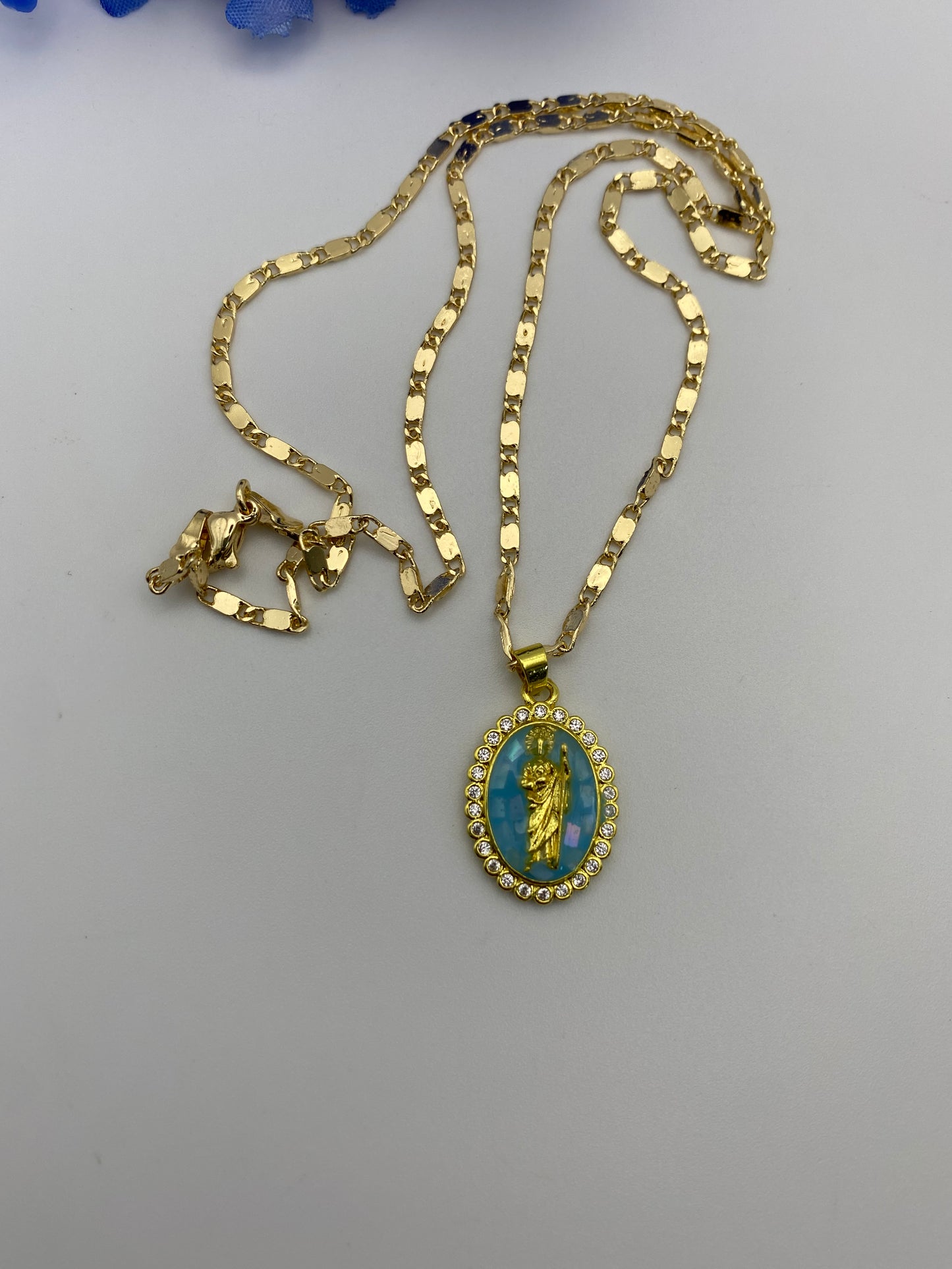 “Pretty Blue” San Judas Tadeo Necklace , Saint Jude Necklace Gold Plated