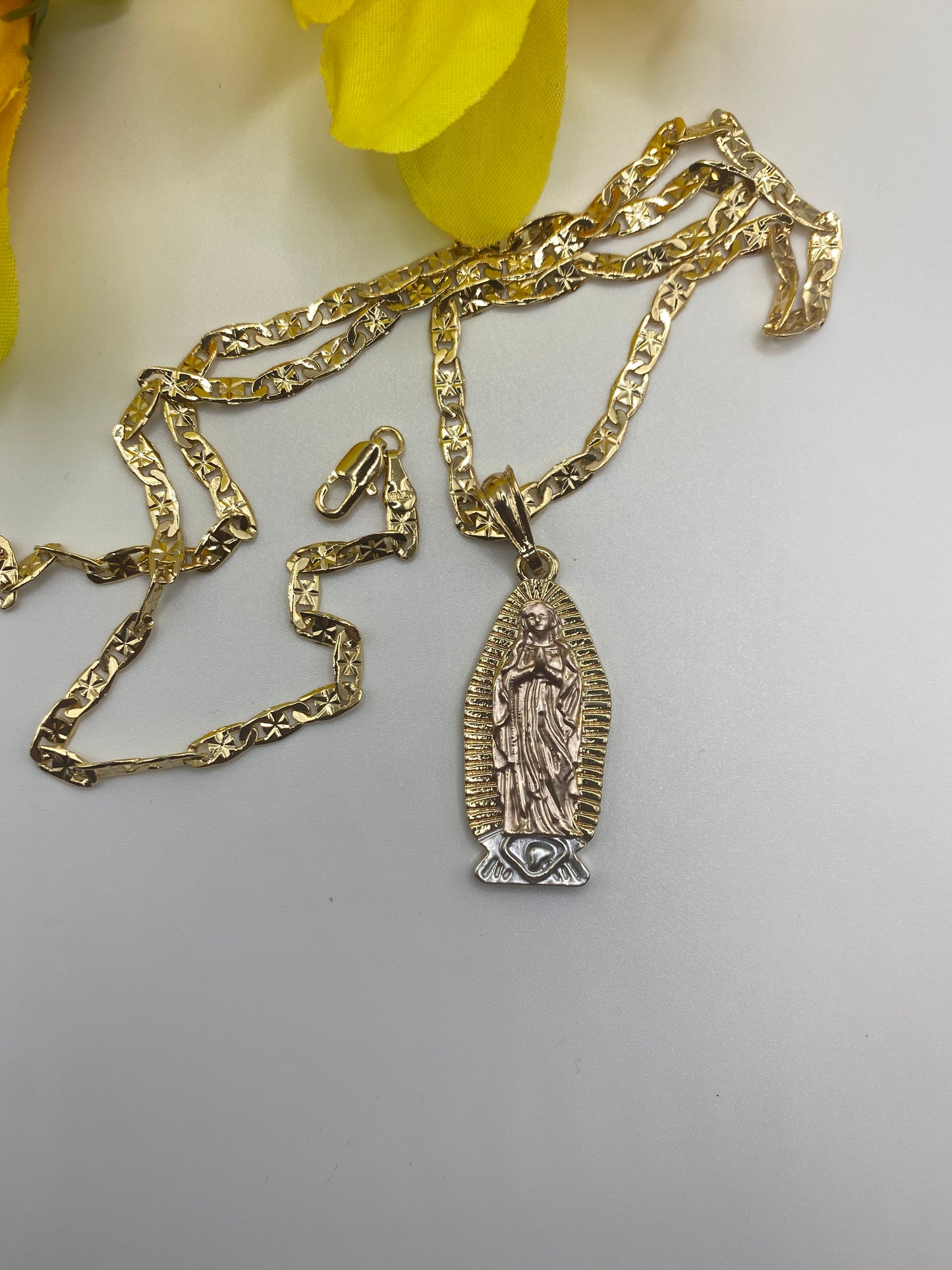 14k Gold Plated Virgen Guadalupe Necklace, Cadena 14k Virgen de Guadalupe Oro Laminado 24”