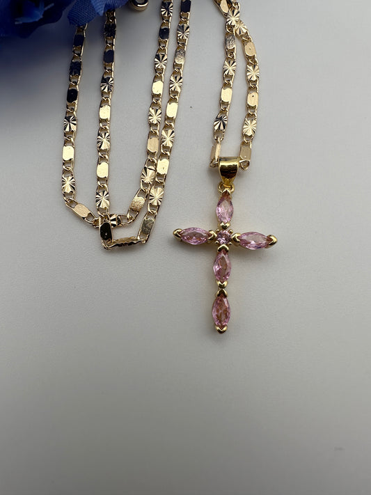 “Diamond Pink” Cross Necklace Gold Plated