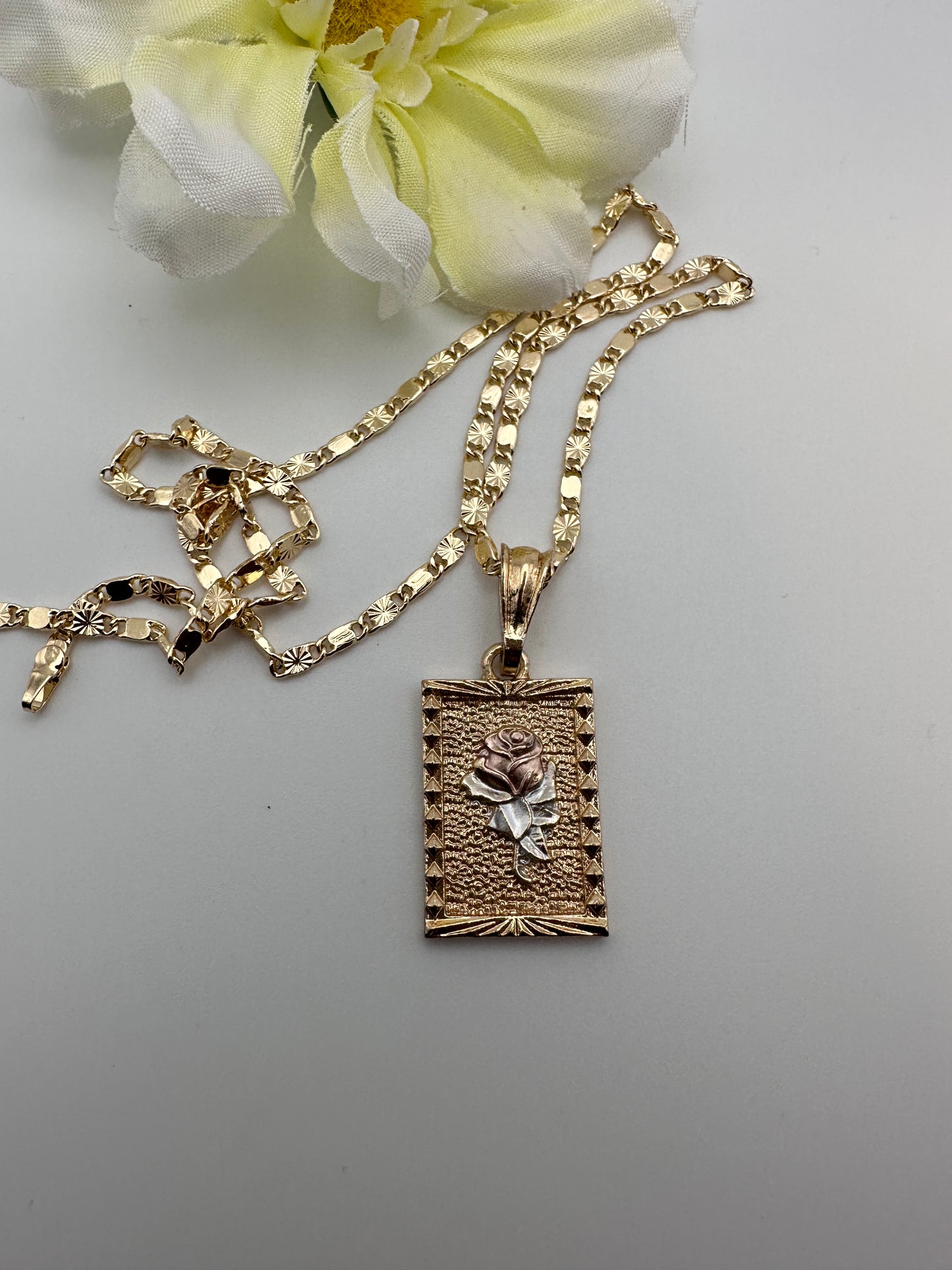 “Rose” Necklace w/Square Pedant Gold Plated