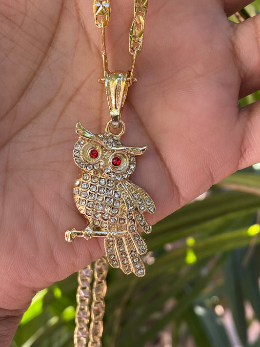 Owl Necklace with red diamonds stone