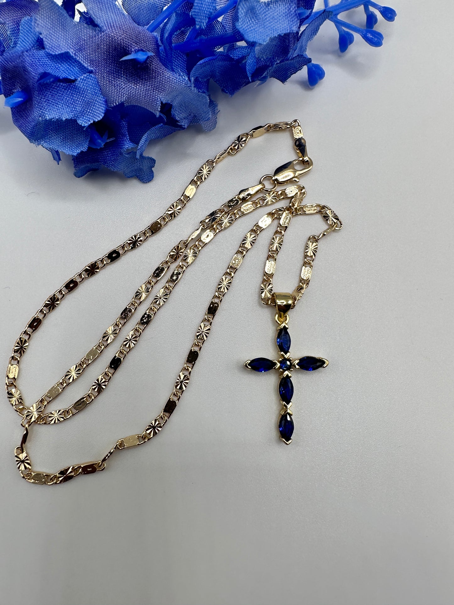 “Diamond Blue" Cross Necklace with Stones