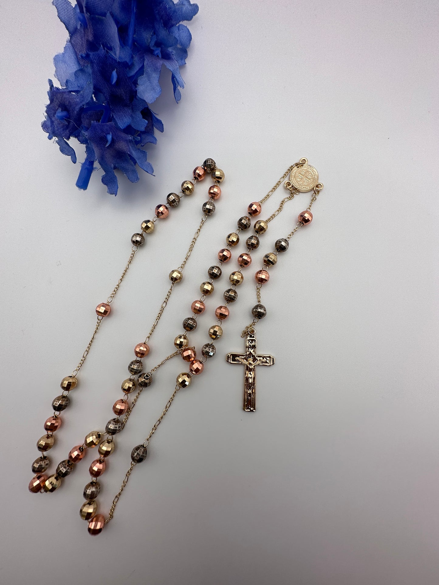 “St Benedict Rosary” Necklace tricolor Gold Plated Rosary