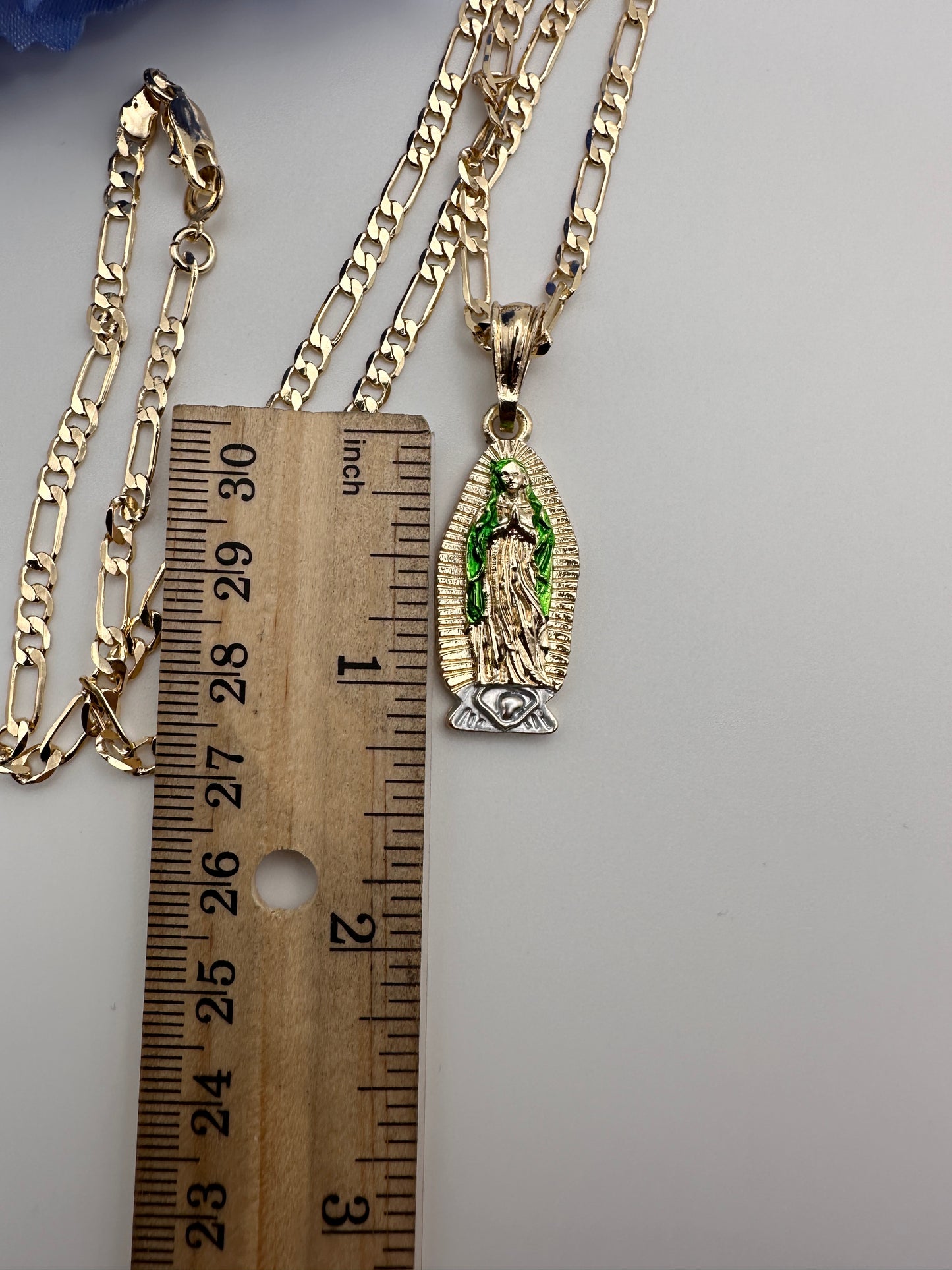 “ Linda” Virgin Guadalupe Necklace with Green Accent Gold Plated - Cadena Virgen oro Bañado