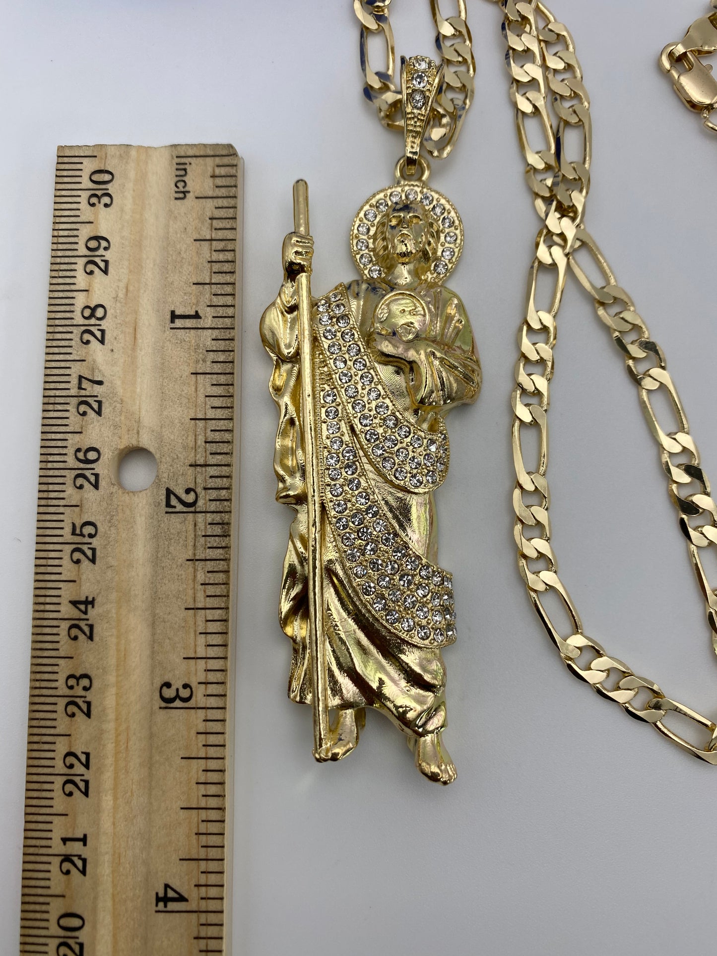 " Bling" 14k Saint Jude Clear Ice 3" Pedant with Chain Gold Plated . 14k Cadena San Judas Tadeo Oro Laminado