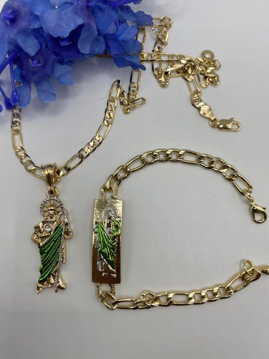 San Judas (Green) Necklace & Bracelet Set Gold Plated