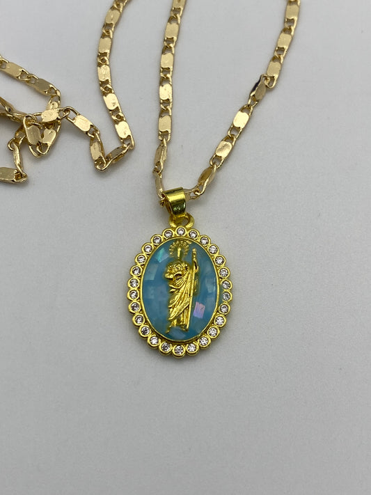 “Pretty Blue” San Judas Tadeo Necklace , Saint Jude Necklace Gold Plated