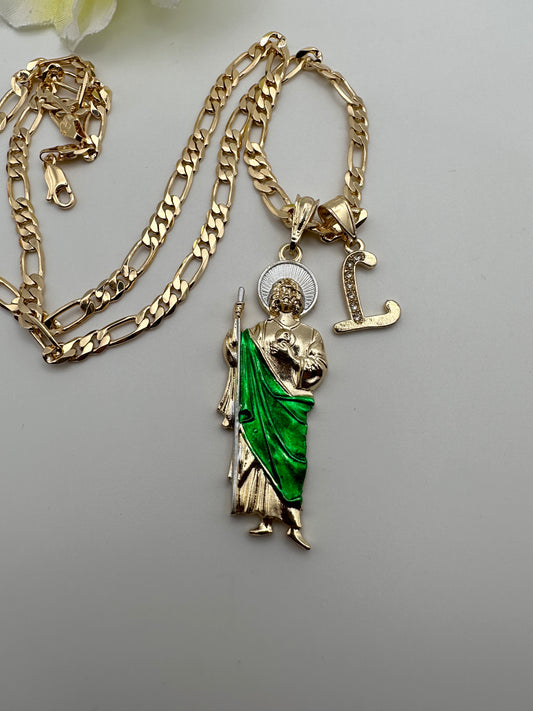 "Remember Me" St Jude With Letter Pedant Necklace Green Cape (San Judas)