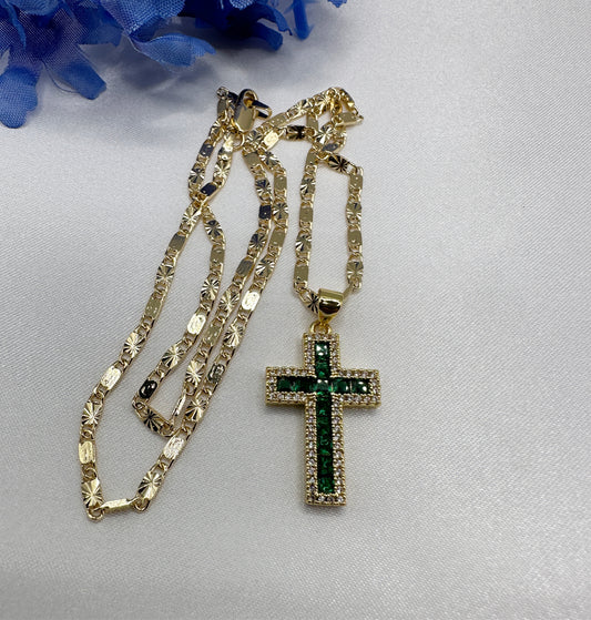 “Crystal Green” Cross Necklace Gold Plated (Green)