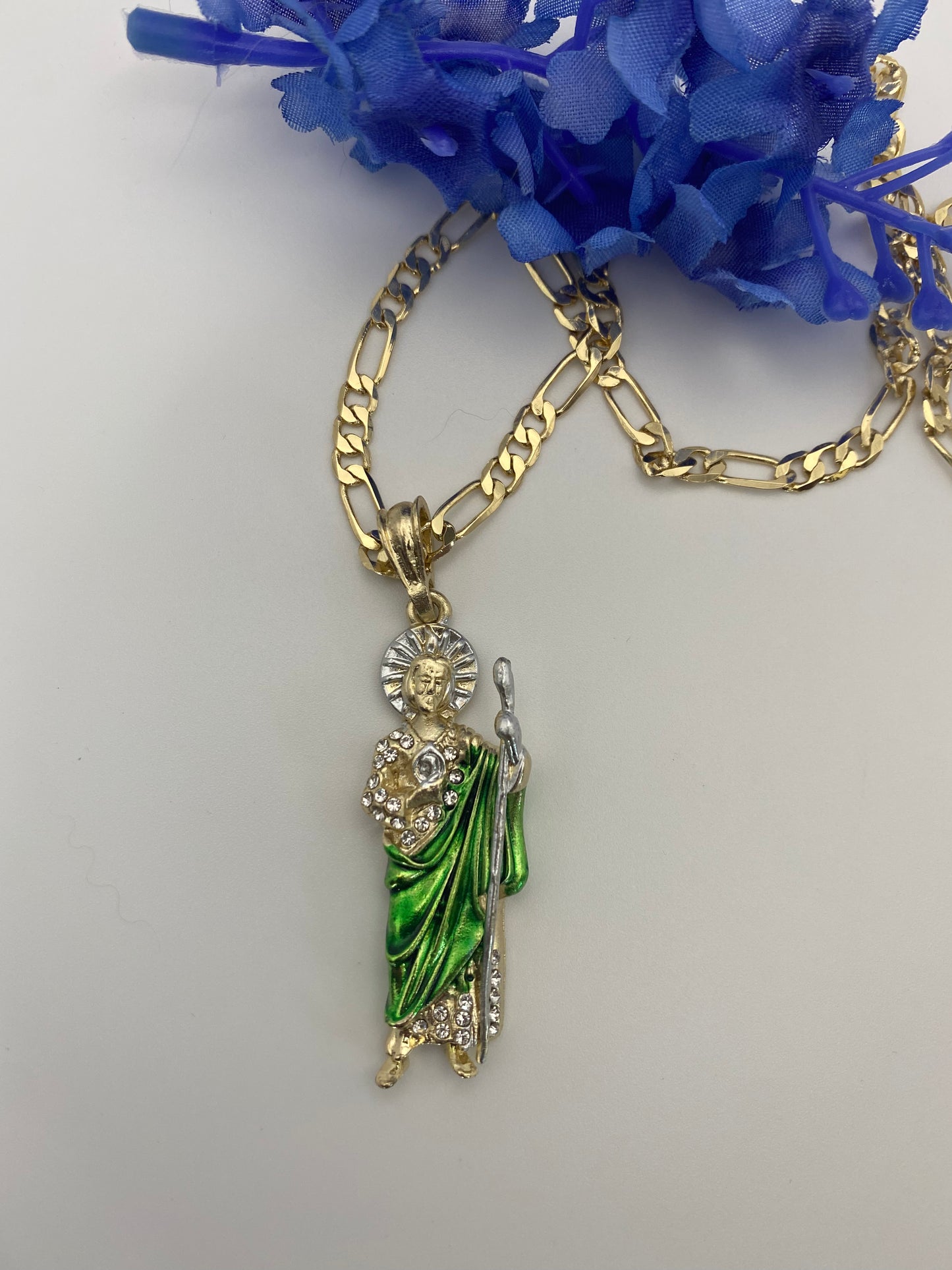 "Win" St Jude Necklace Green w/Diamonds Gold Plated (San Judas)