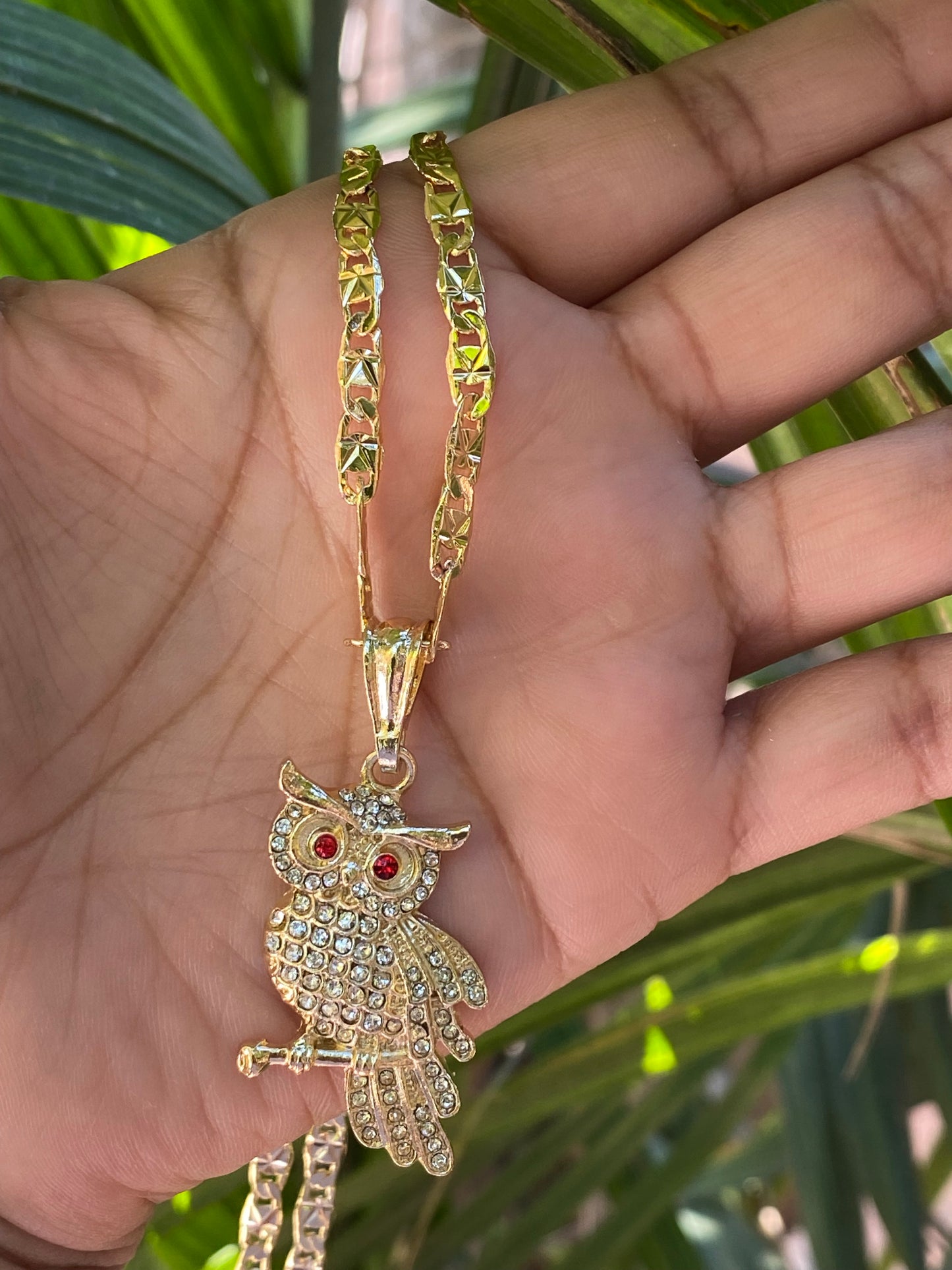 Owl Necklace with red diamonds stone