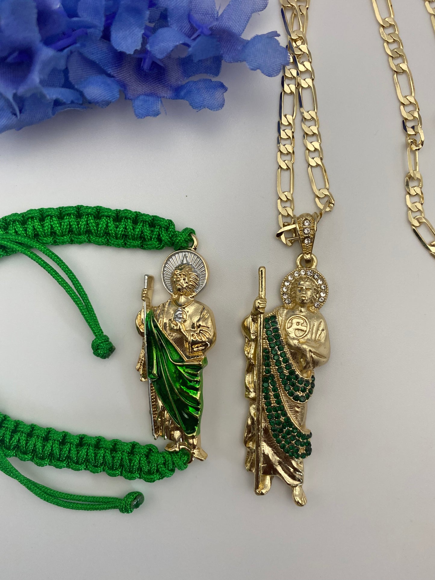 Green Ice San Judas Necklace & Rope Bracelet set