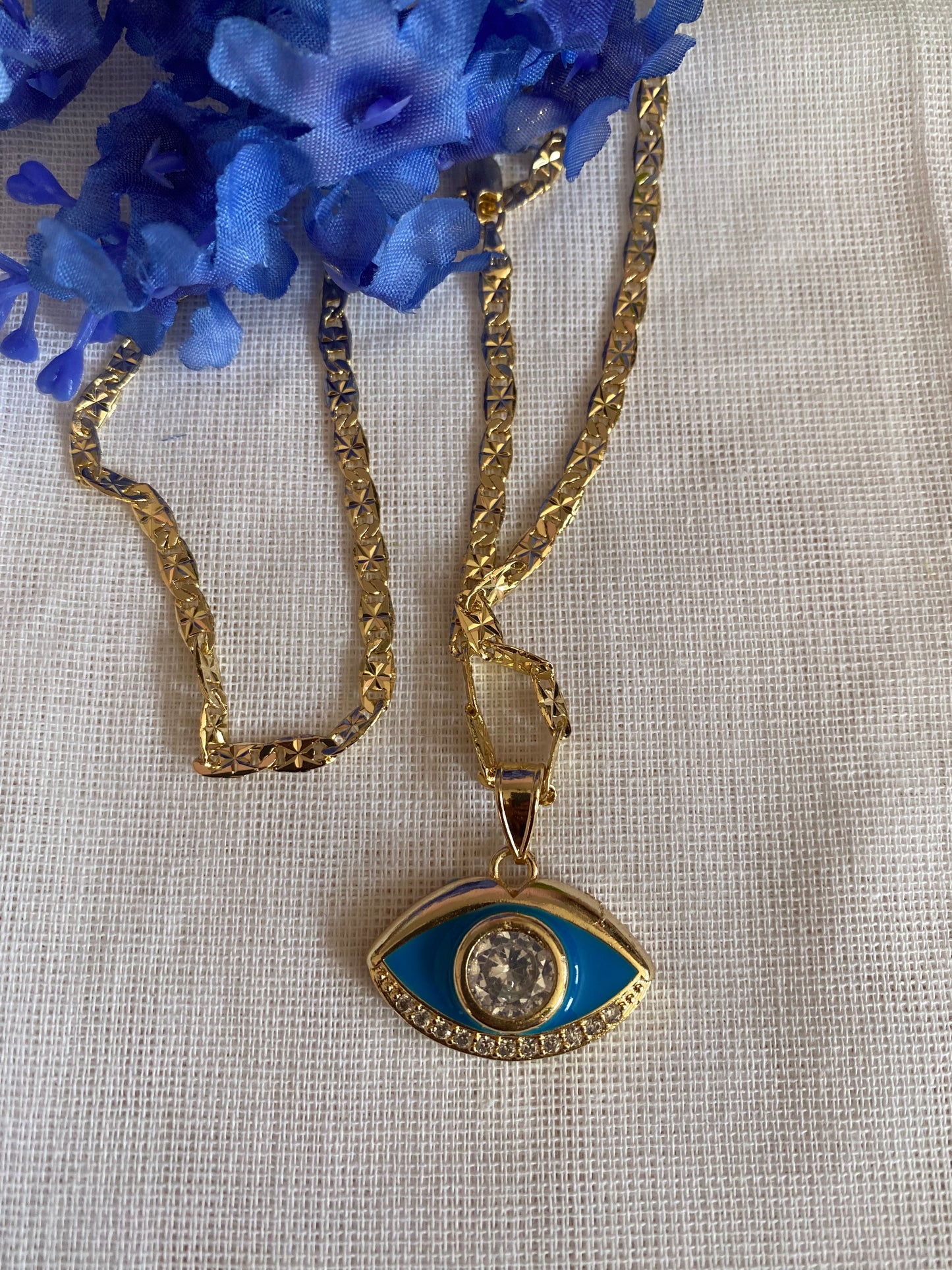 Blue Evil Eye with Clear Stone Necklace