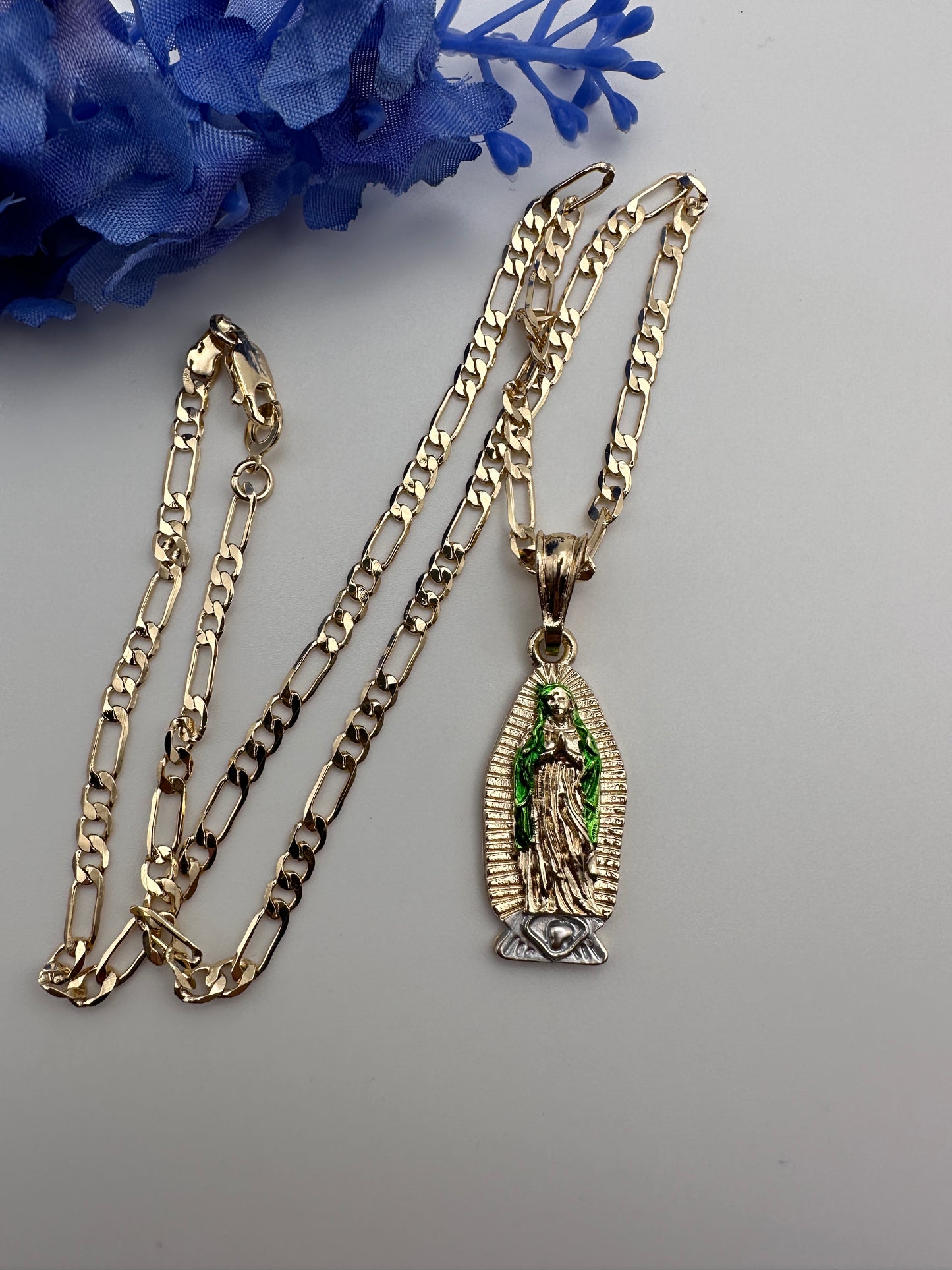 “ Linda” Virgin Guadalupe Necklace with Green Accent Gold Plated - Cadena Virgen oro Bañado